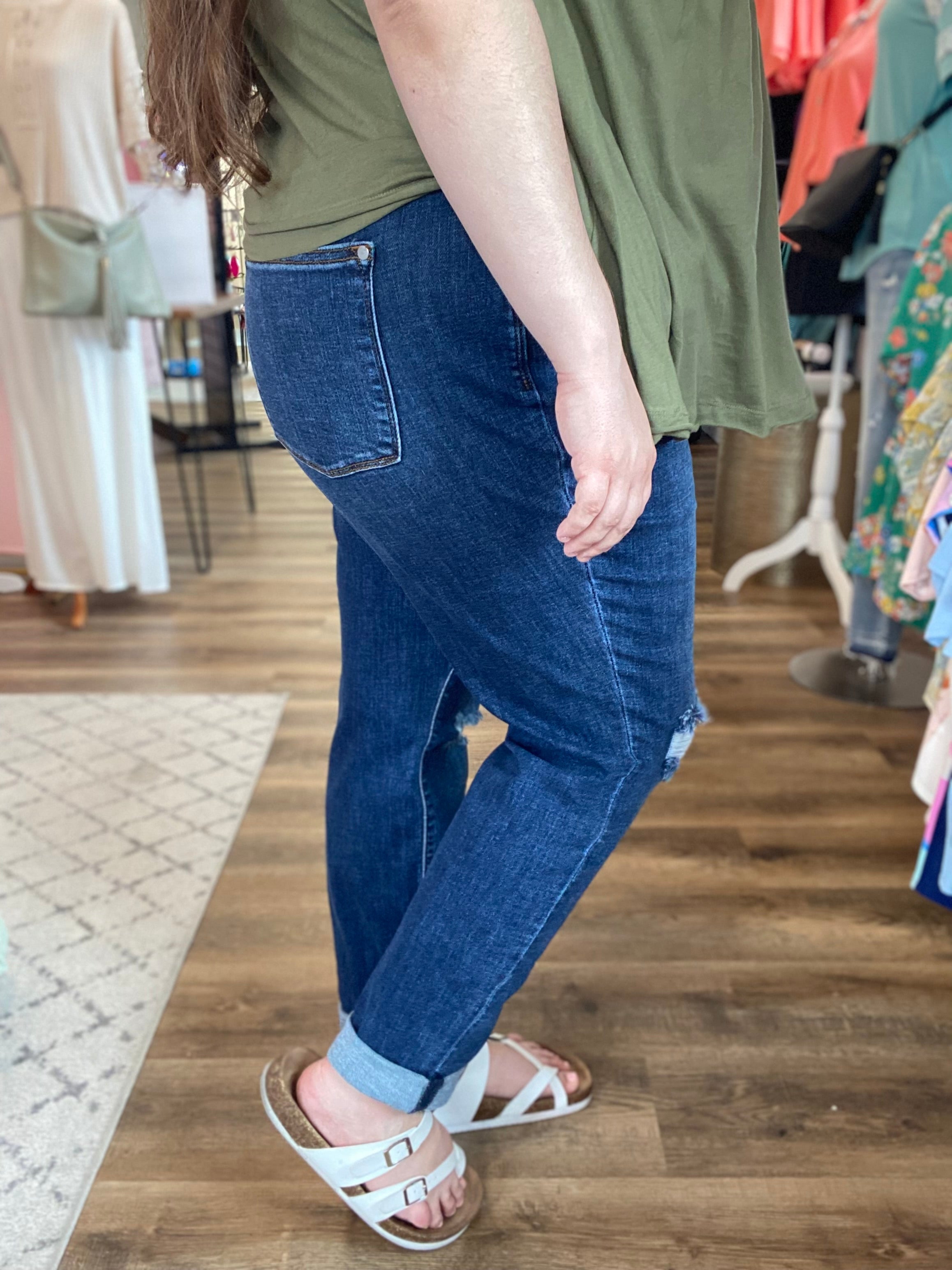 Shop Mid Rise Destroy Slim Cuffed Jeans | Judy Blue-Jeans at Ruby Joy Boutique, a Women's Clothing Store in Pickerington, Ohio