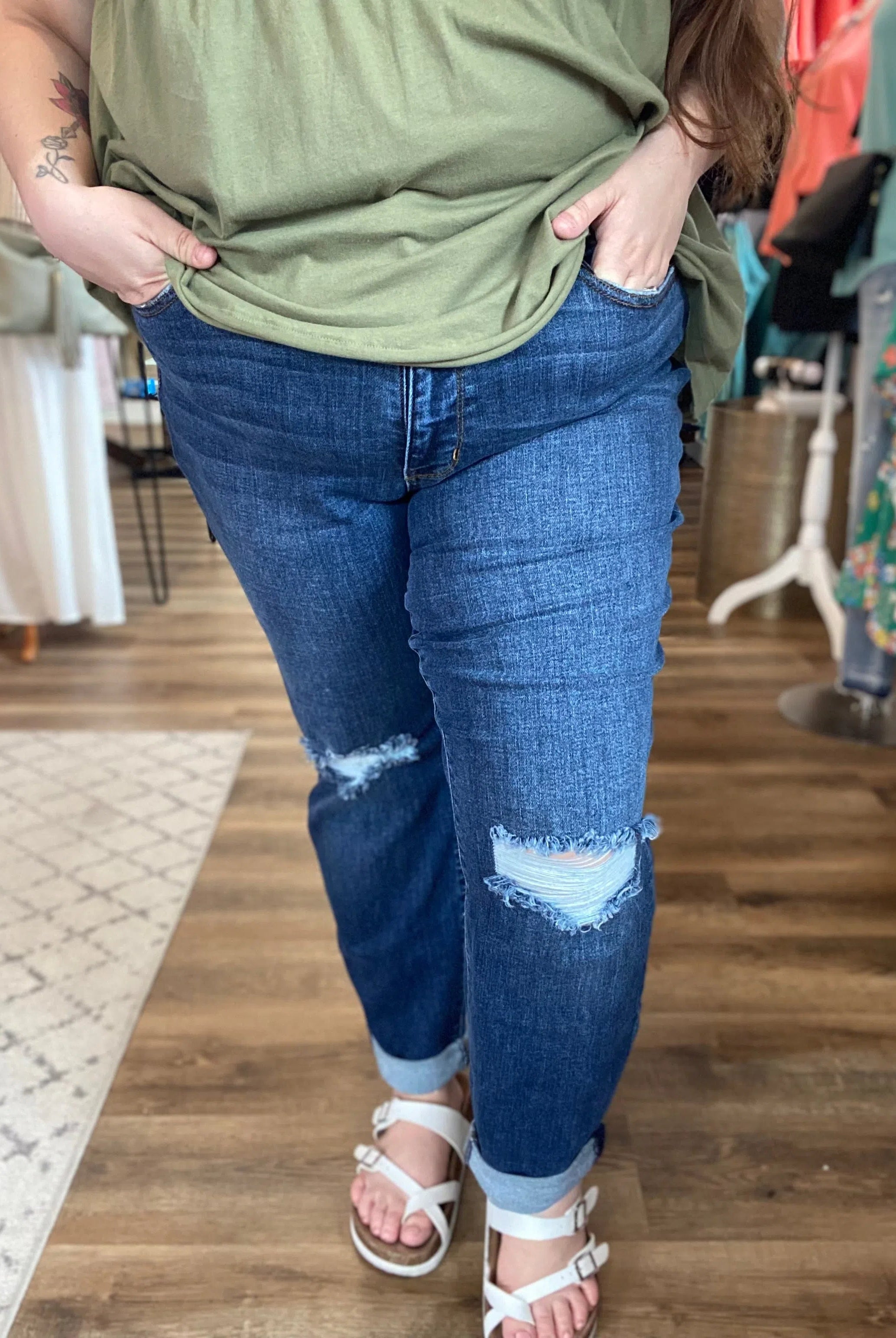 Shop Mid Rise Destroy Slim Cuffed Jeans | Judy Blue-Jeans at Ruby Joy Boutique, a Women's Clothing Store in Pickerington, Ohio