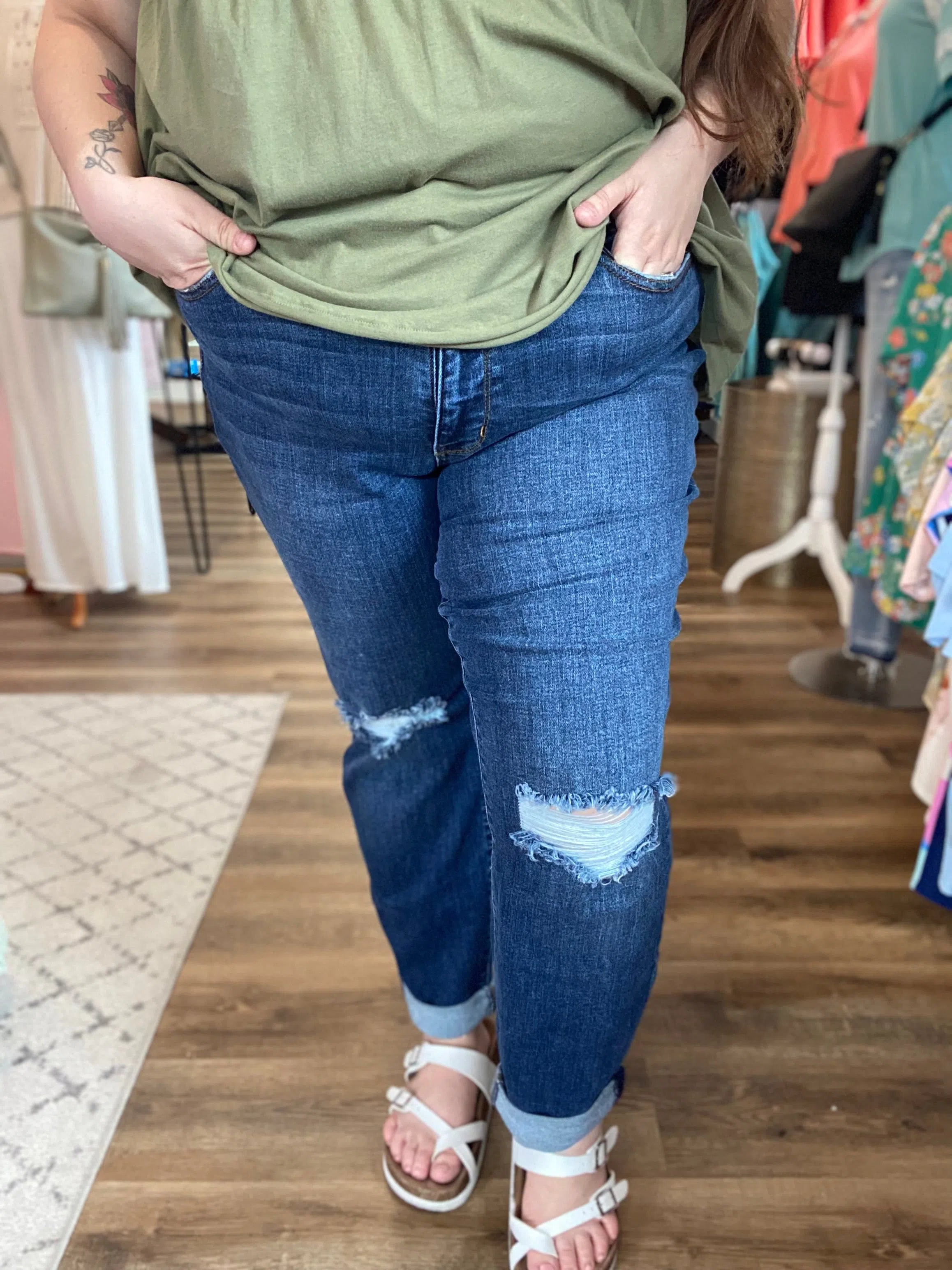 Shop Mid Rise Destroy Slim Cuffed Jeans | Judy Blue-Jeans at Ruby Joy Boutique, a Women's Clothing Store in Pickerington, Ohio