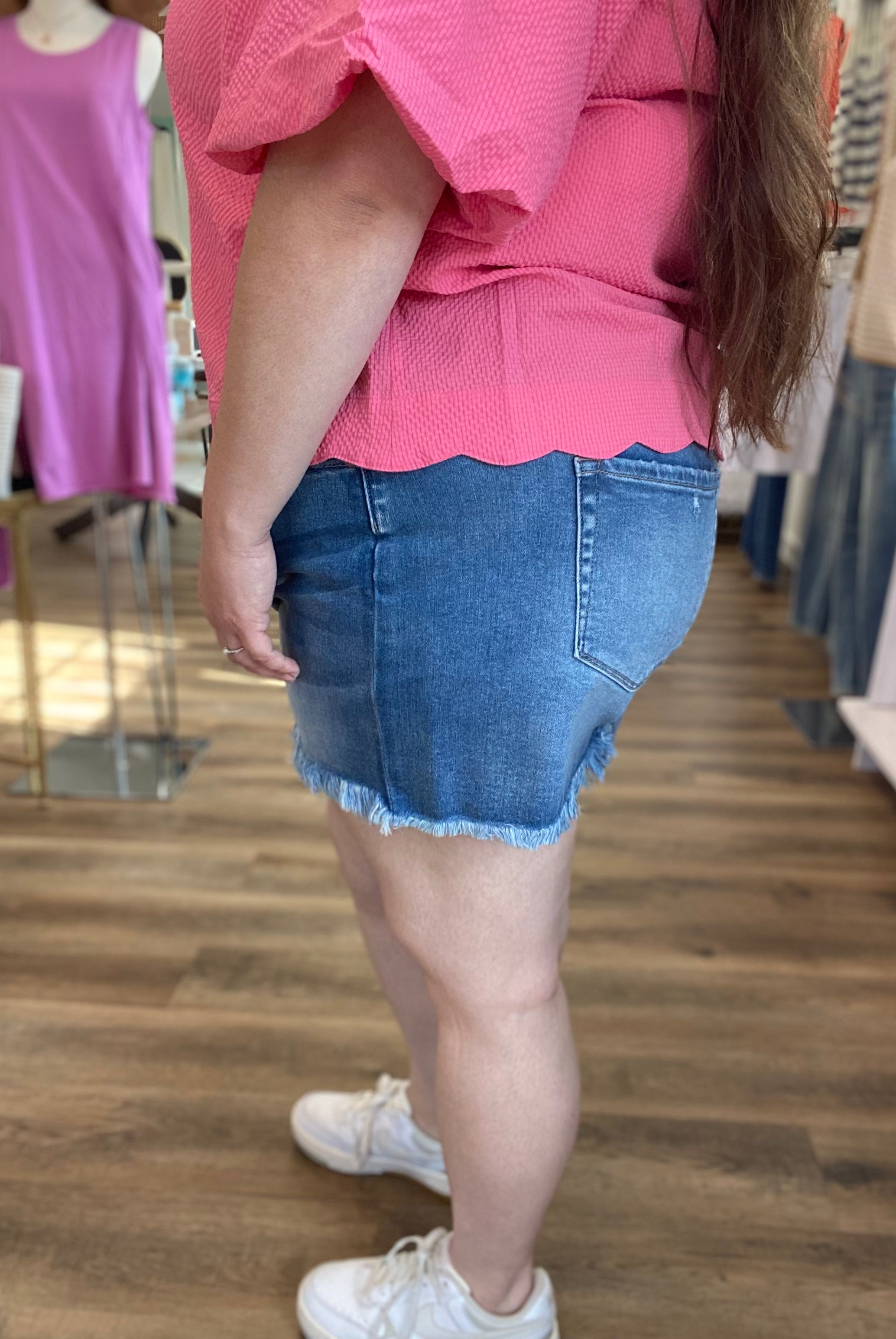 Shop Mid Rise Frayed Hem Denim Shorts | Zenana- at Ruby Joy Boutique, a Women's Clothing Store in Pickerington, Ohio