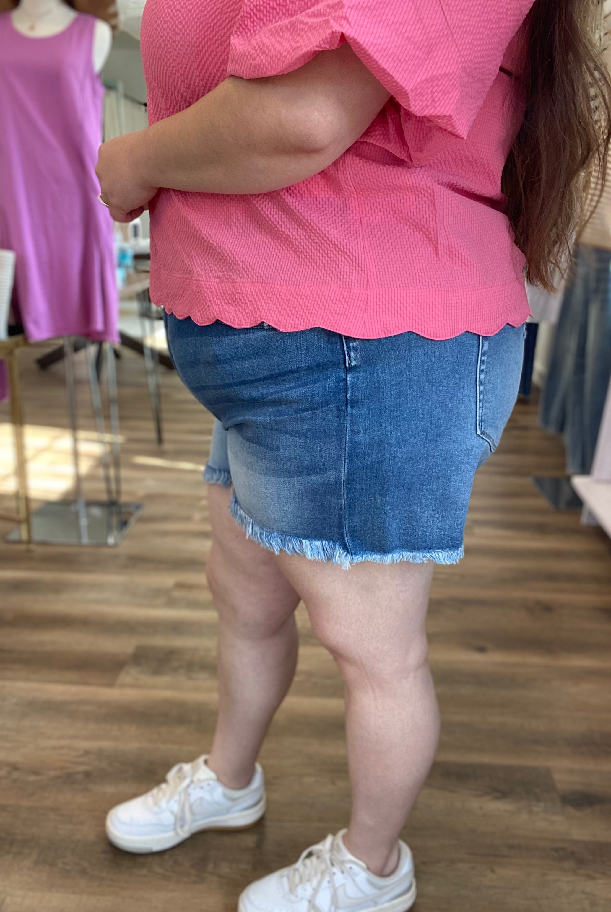 Shop Mid Rise Frayed Hem Denim Shorts | Zenana- at Ruby Joy Boutique, a Women's Clothing Store in Pickerington, Ohio