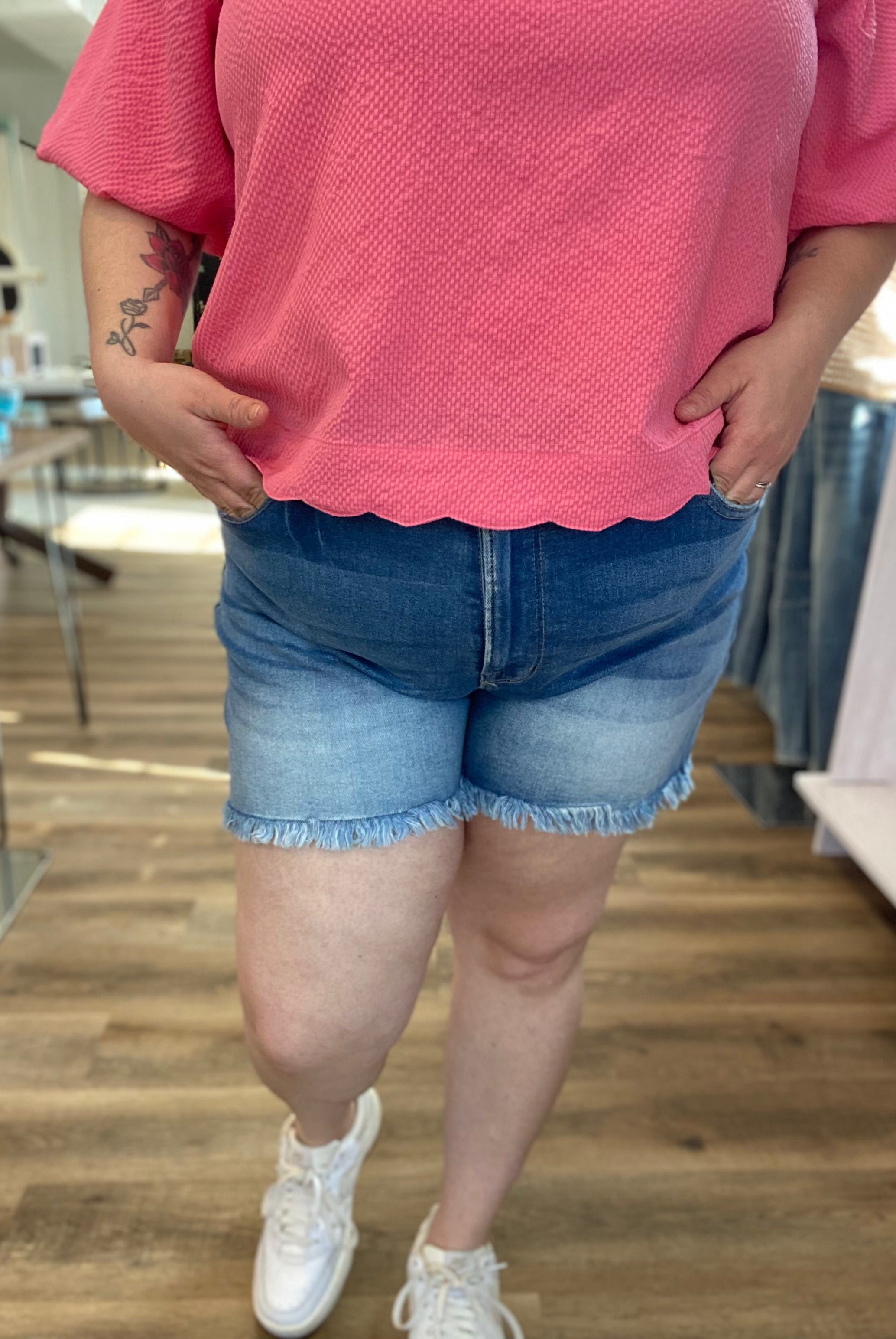 Shop Mid Rise Frayed Hem Denim Shorts | Zenana- at Ruby Joy Boutique, a Women's Clothing Store in Pickerington, Ohio