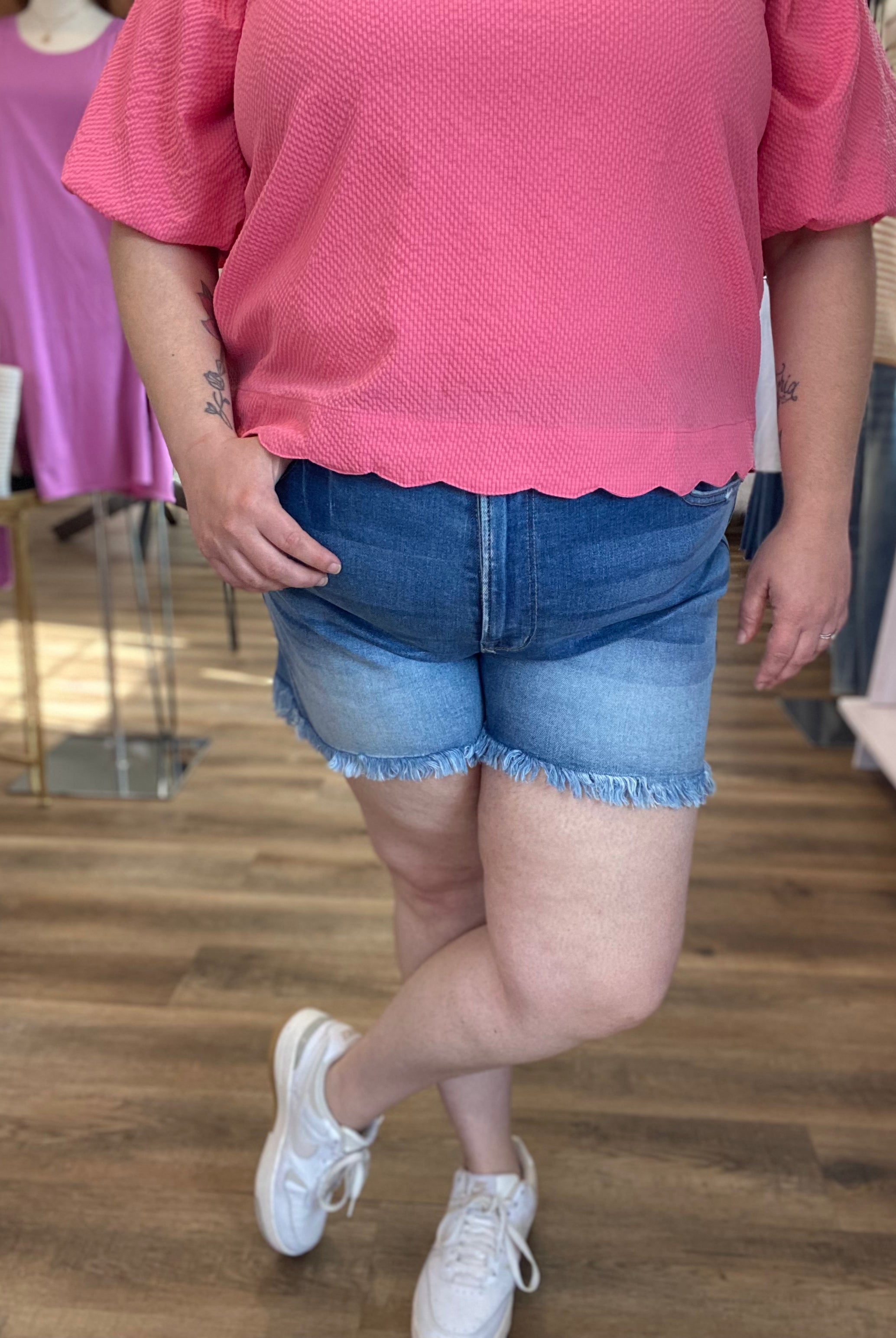 Shop Mid Rise Frayed Hem Denim Shorts | Zenana- at Ruby Joy Boutique, a Women's Clothing Store in Pickerington, Ohio