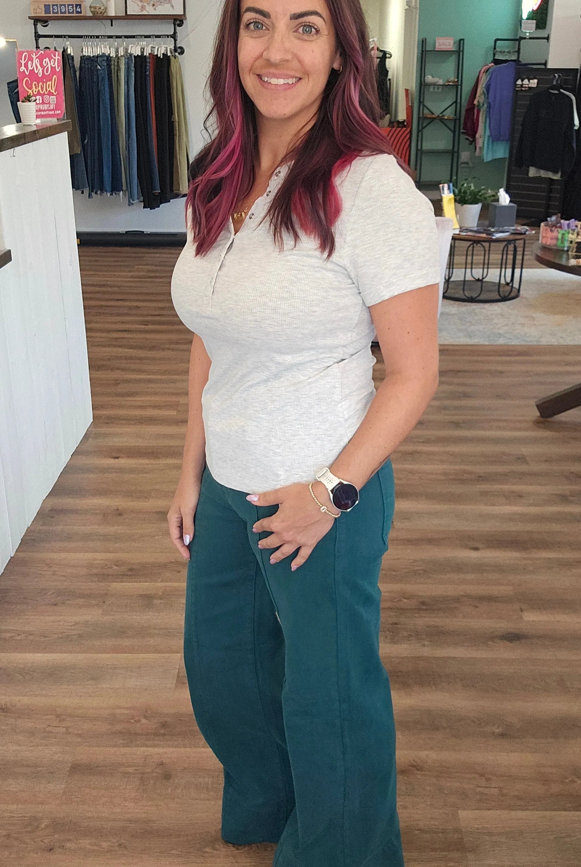 Shop Mid-Rise Wide Leg Jeans with Tummy Control - Hunter Green | Risen- at Ruby Joy Boutique, a Women's Clothing Store in Pickerington, Ohio