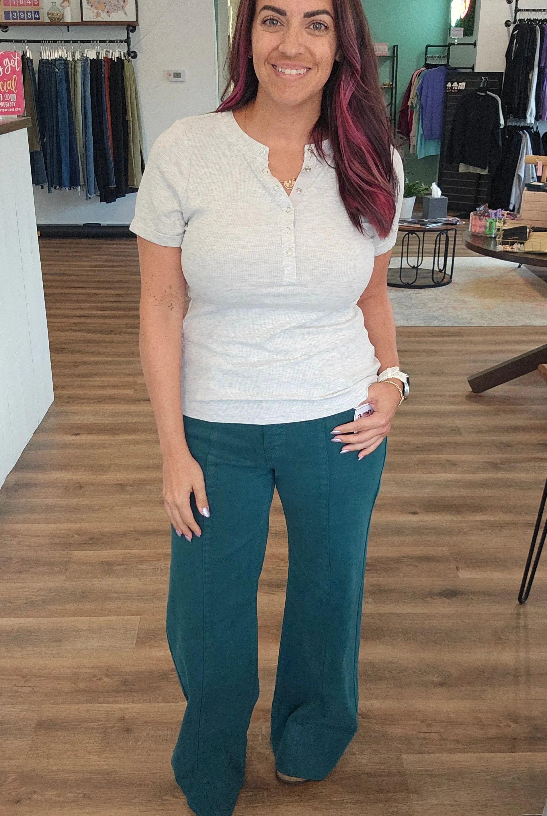 Shop Mid-Rise Wide Leg Jeans with Tummy Control - Hunter Green | Risen- at Ruby Joy Boutique, a Women's Clothing Store in Pickerington, Ohio