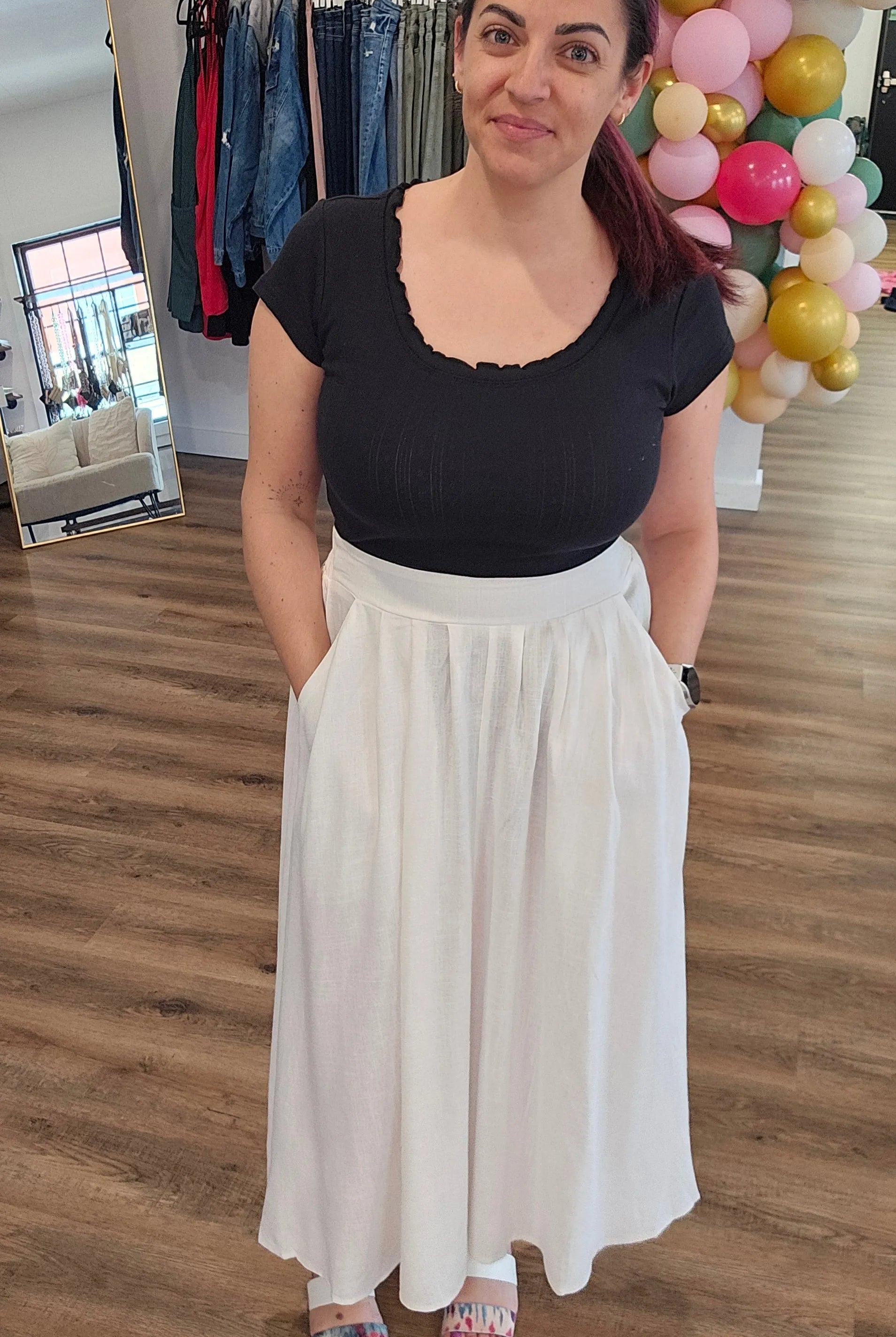 Shop Midi Pleated Skirt with Pockets - White- at Ruby Joy Boutique, a Women's Clothing Store in Pickerington, Ohio