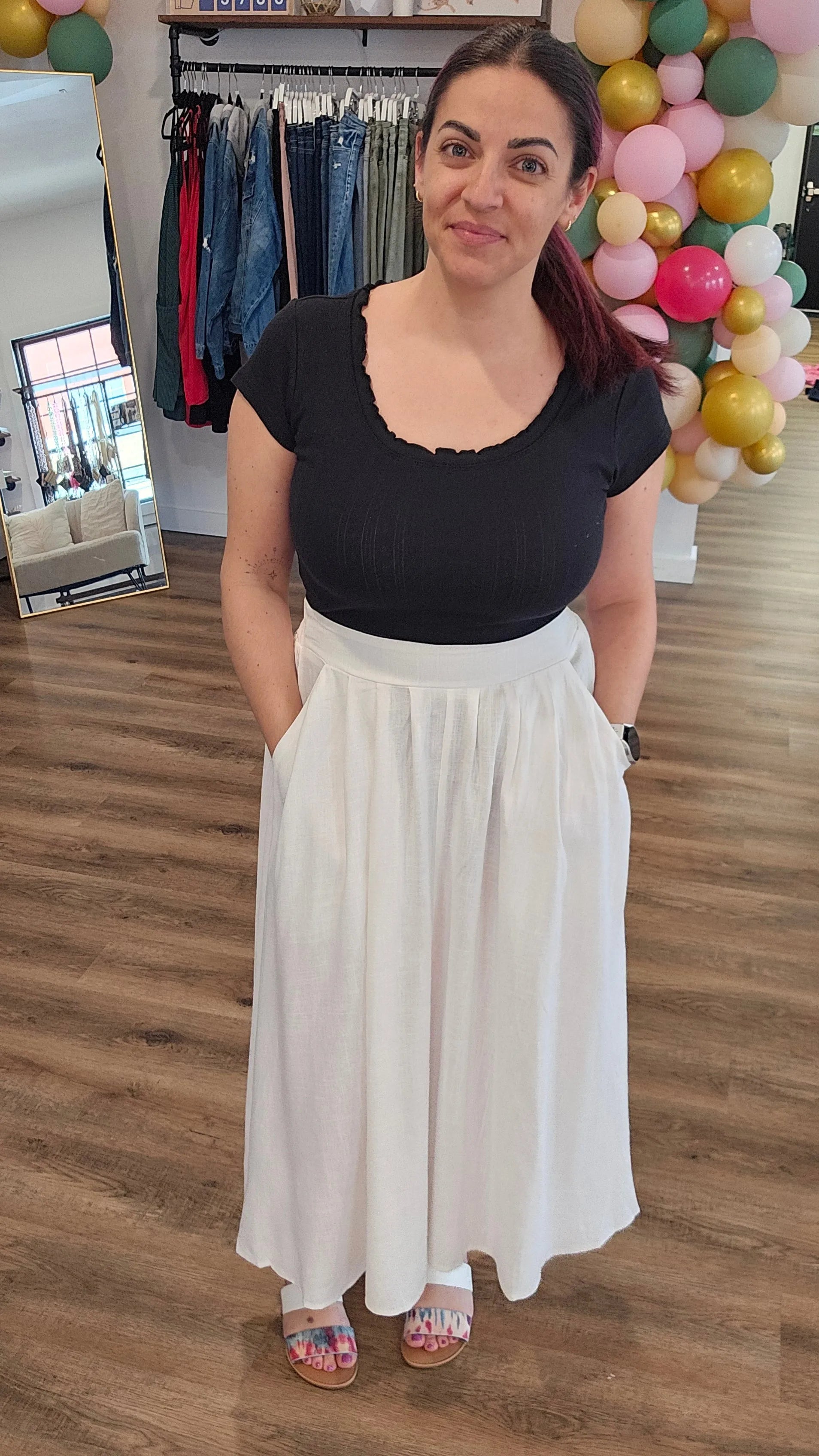 Shop Midi Pleated Skirt with Pockets - White- at Ruby Joy Boutique, a Women's Clothing Store in Pickerington, Ohio