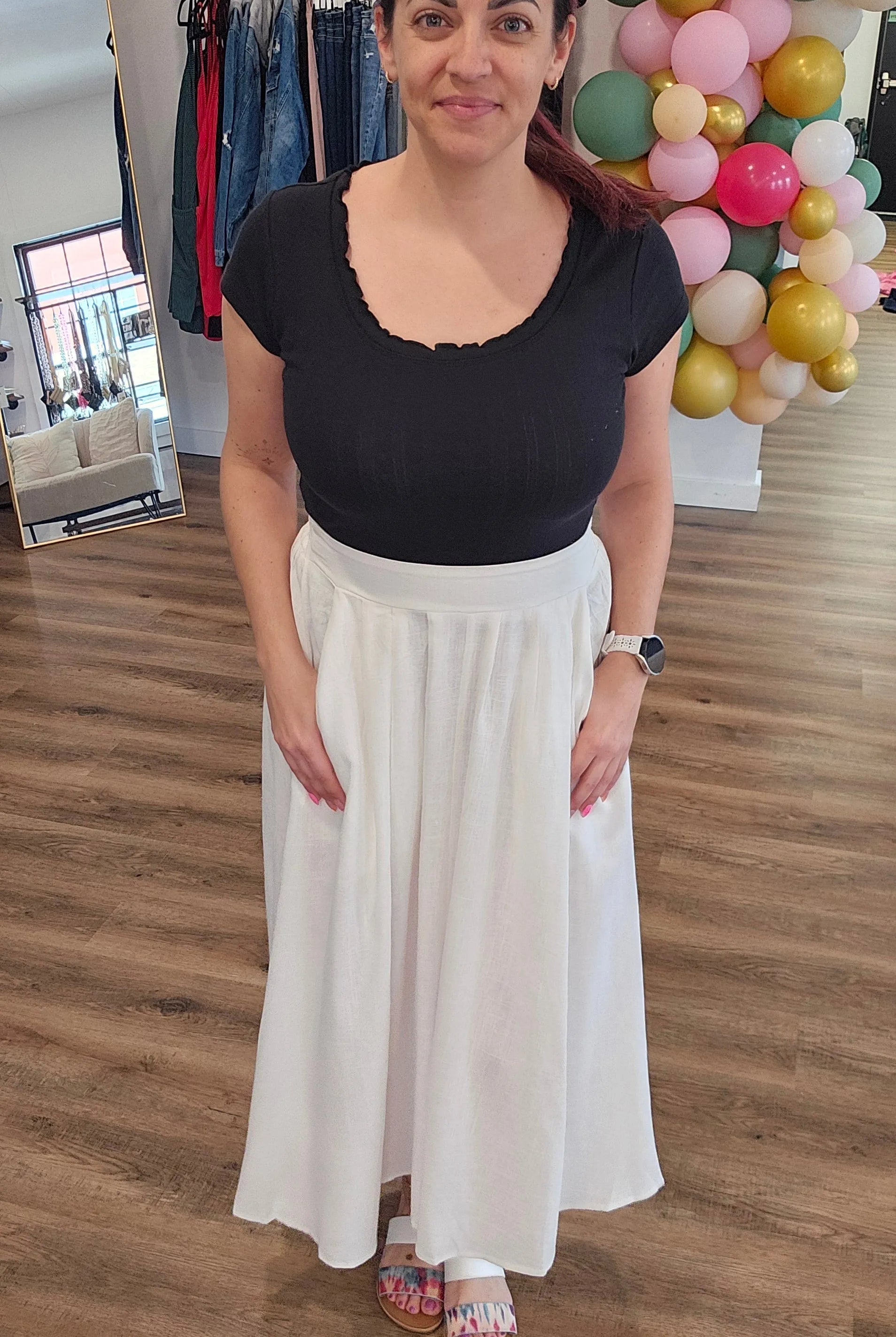 Shop Midi Pleated Skirt with Pockets - White- at Ruby Joy Boutique, a Women's Clothing Store in Pickerington, Ohio