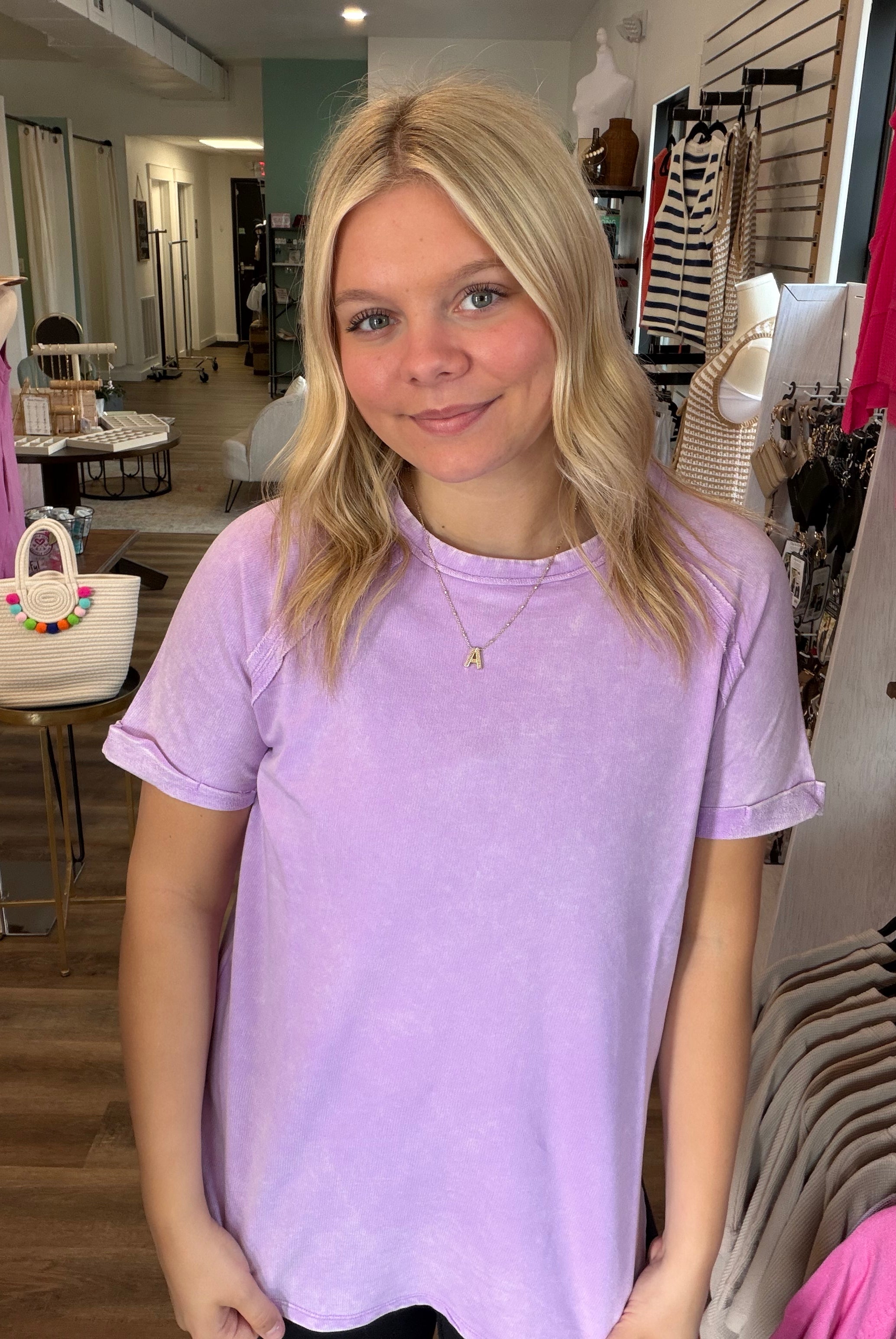 Shop Mineral Wash French Terry Tee - Lavender- at Ruby Joy Boutique, a Women's Clothing Store in Pickerington, Ohio