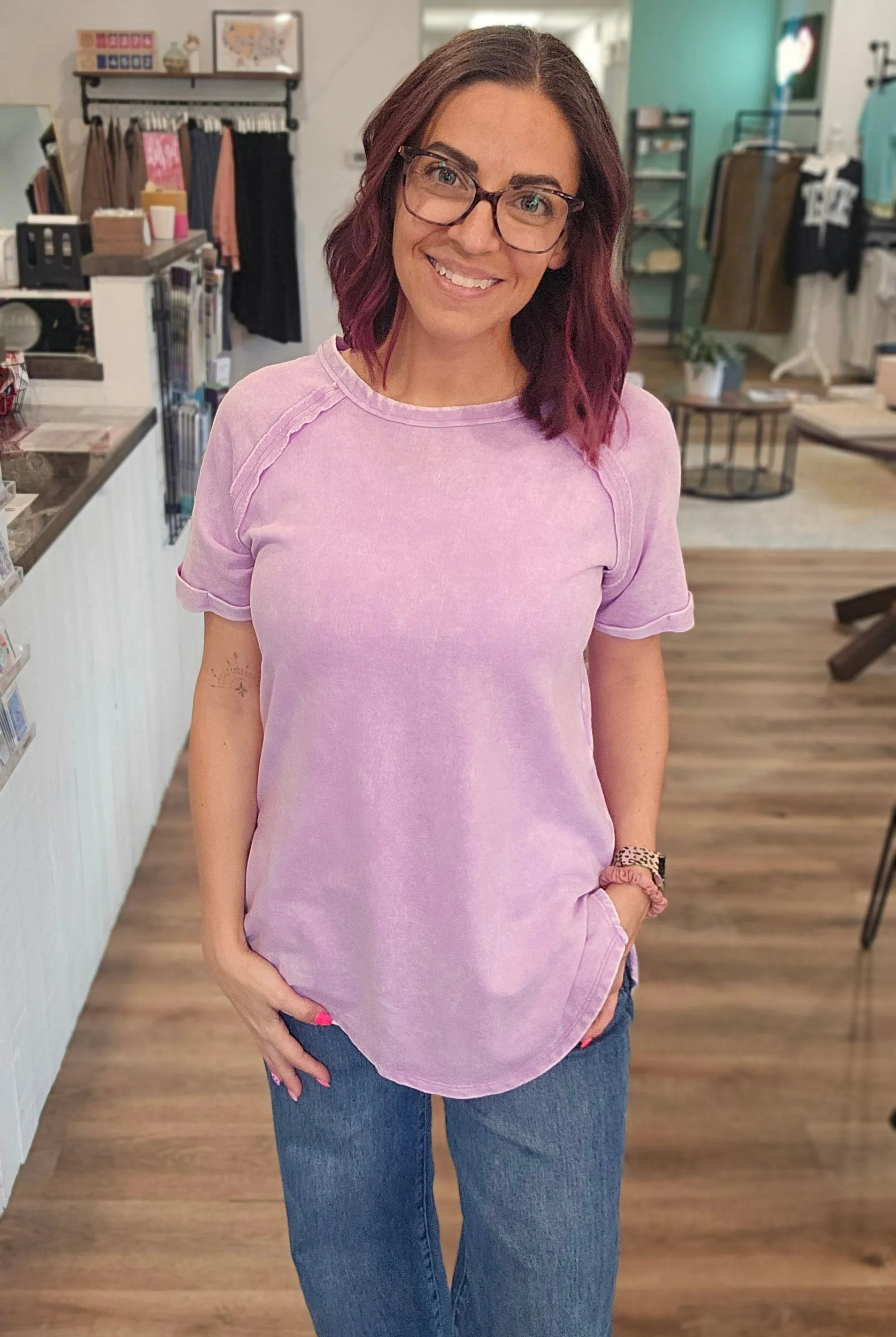 Shop Mineral Wash French Terry Tee - Lavender- at Ruby Joy Boutique, a Women's Clothing Store in Pickerington, Ohio