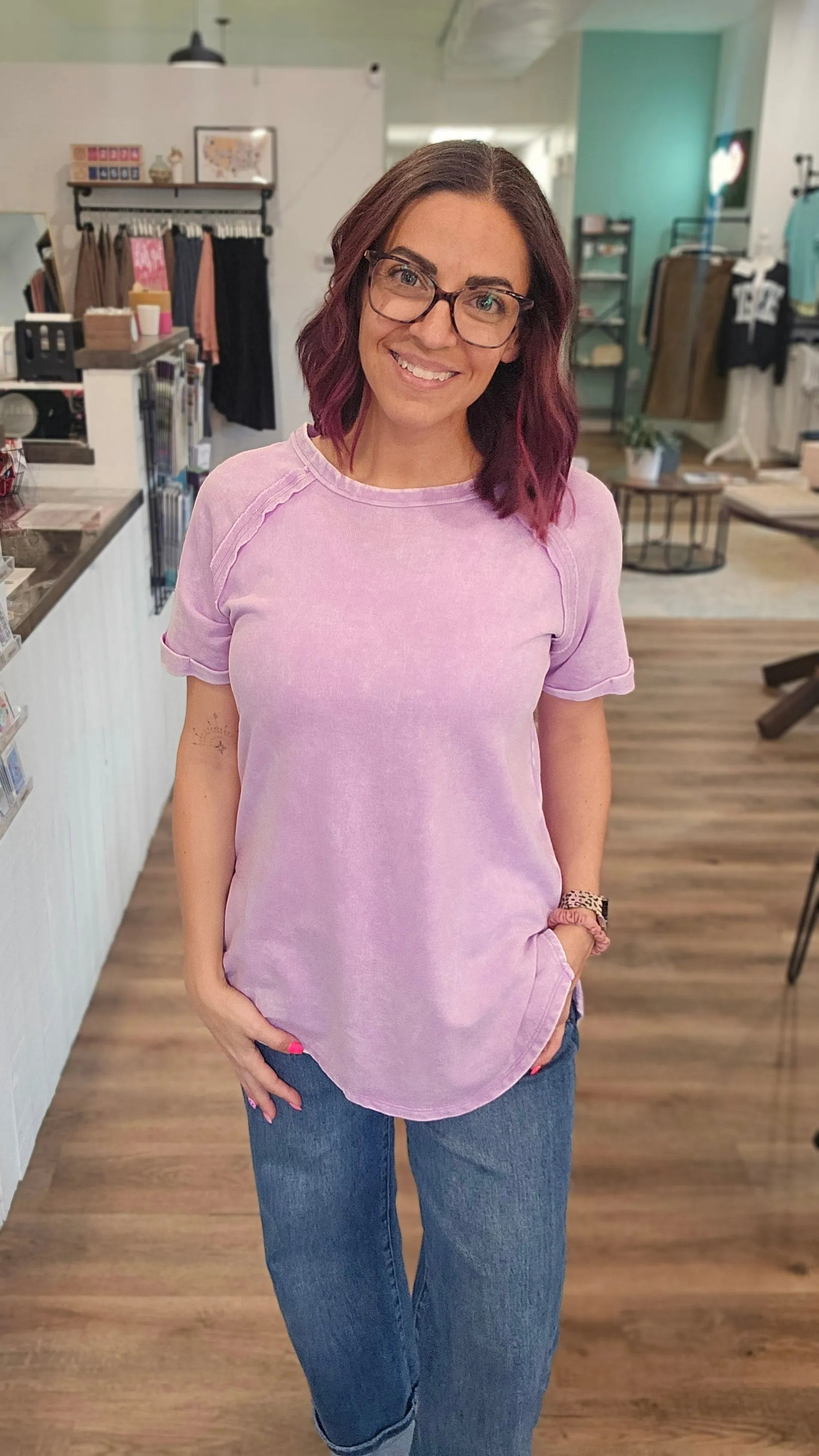 Shop Mineral Wash French Terry Tee - Lavender- at Ruby Joy Boutique, a Women's Clothing Store in Pickerington, Ohio