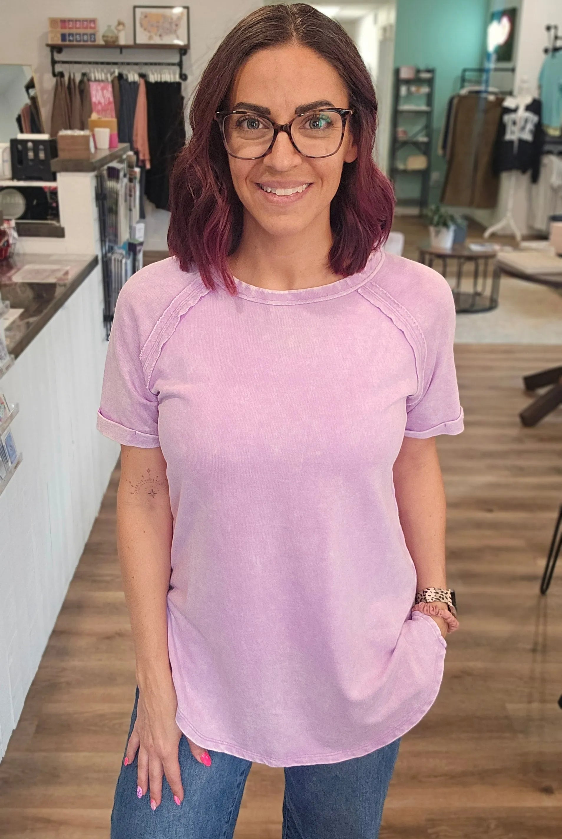 Shop Mineral Wash French Terry Tee - Lavender- at Ruby Joy Boutique, a Women's Clothing Store in Pickerington, Ohio