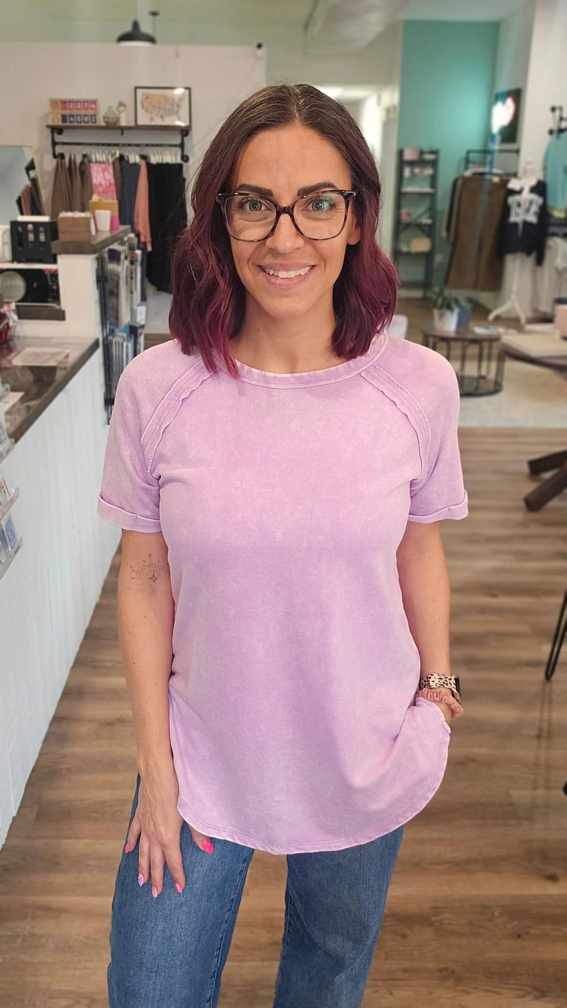Shop Mineral Wash French Terry Tee - Lavender- at Ruby Joy Boutique, a Women's Clothing Store in Pickerington, Ohio