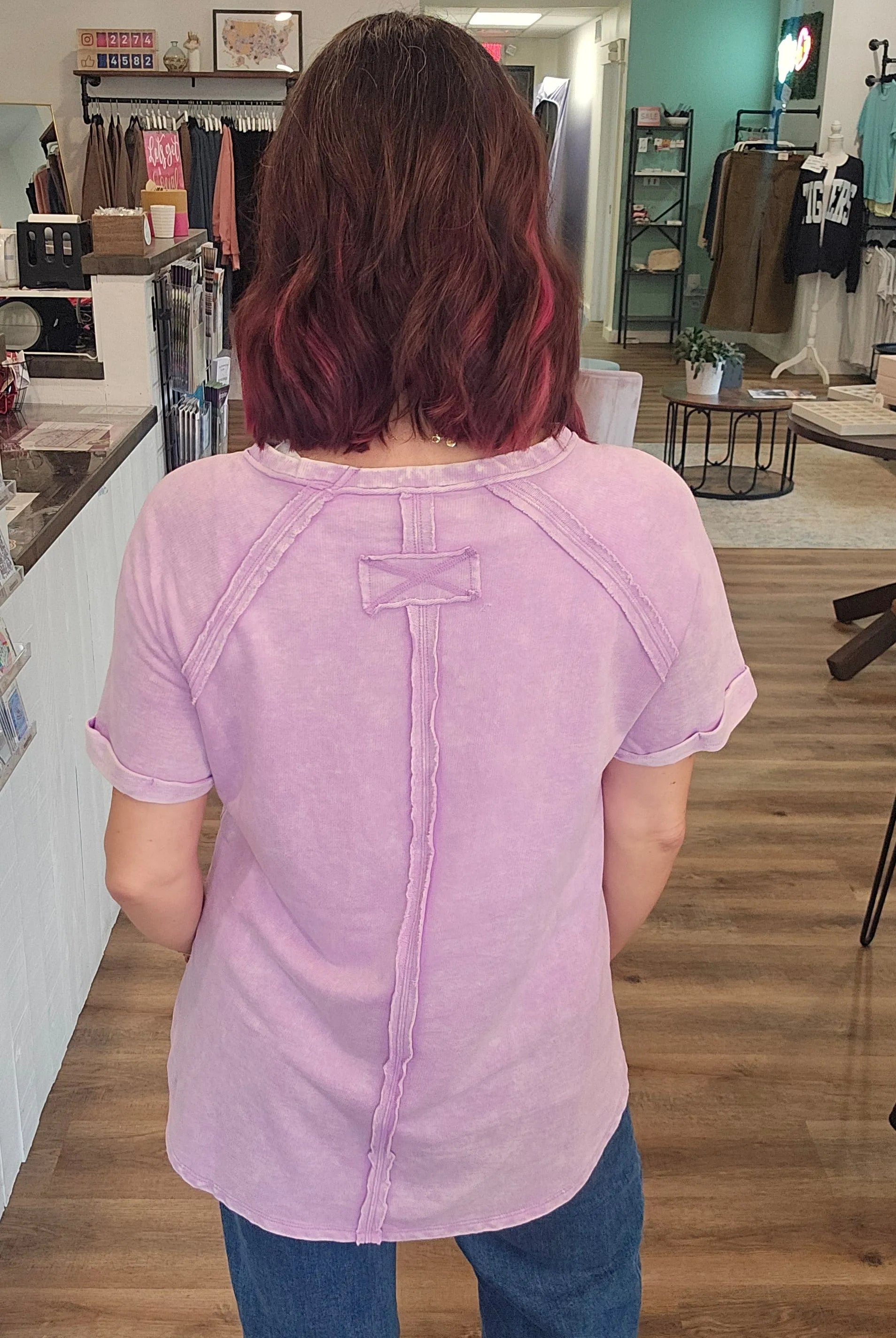 Shop Mineral Wash French Terry Tee - Lavender- at Ruby Joy Boutique, a Women's Clothing Store in Pickerington, Ohio