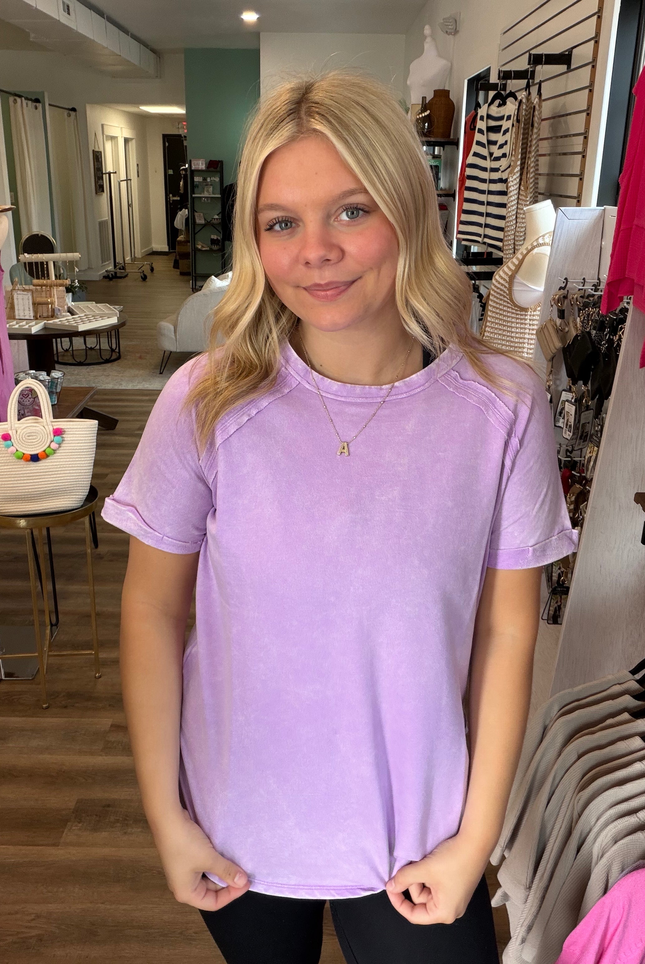 Shop Mineral Wash French Terry Tee - Lavender- at Ruby Joy Boutique, a Women's Clothing Store in Pickerington, Ohio
