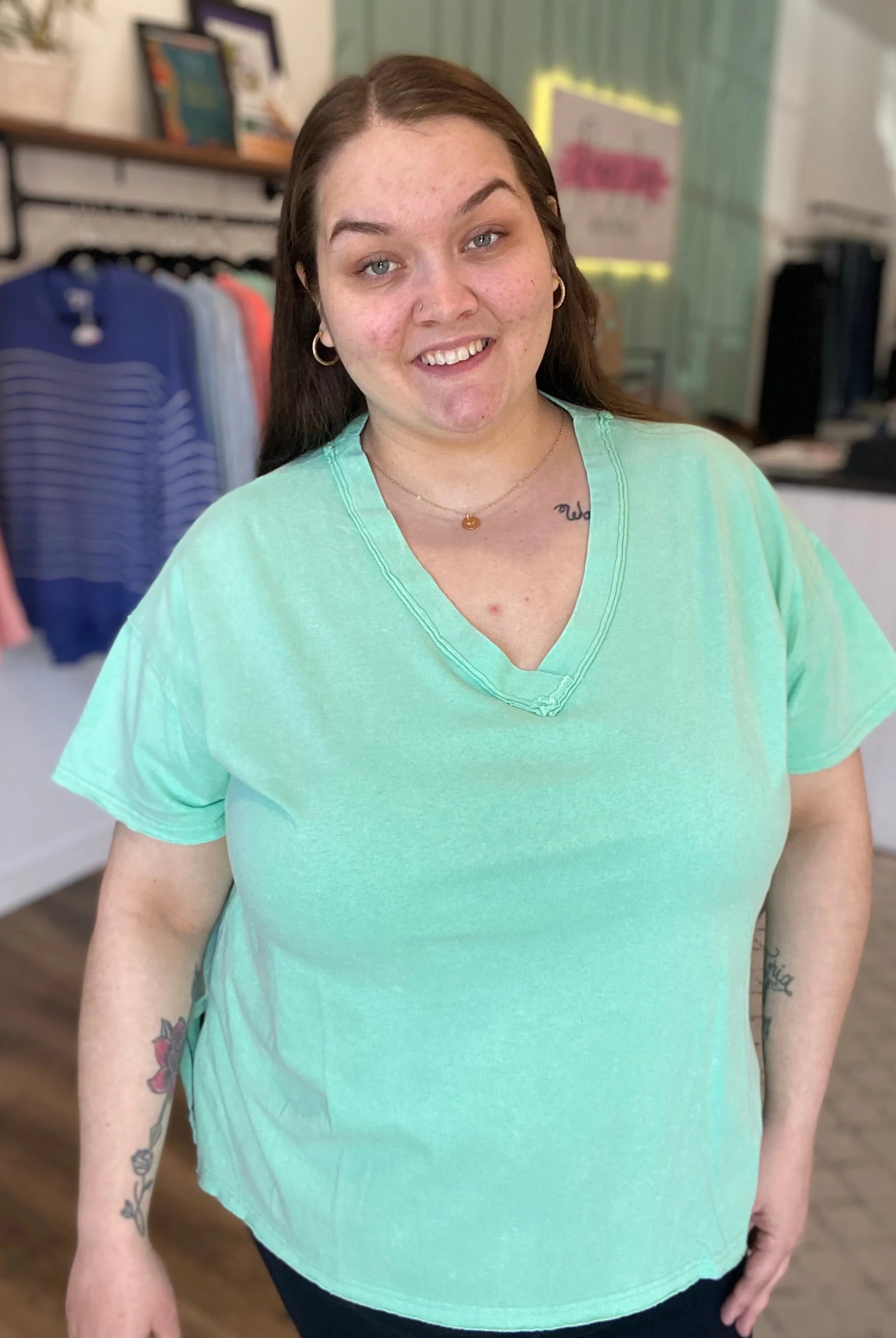 Shop Mineral Wash V-neck Tee - Mint- at Ruby Joy Boutique, a Women's Clothing Store in Pickerington, Ohio