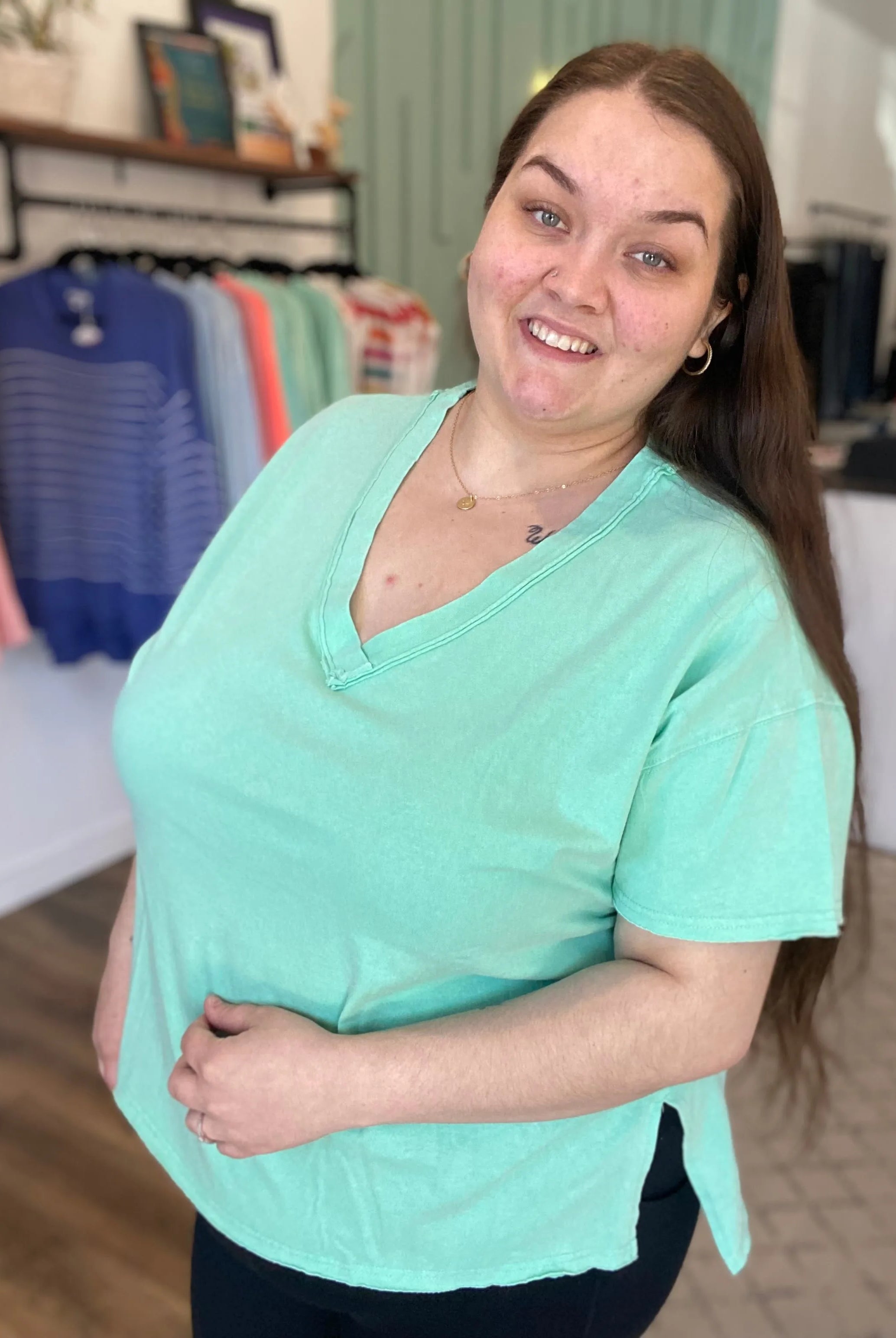 Shop Mineral Wash V-neck Tee - Mint- at Ruby Joy Boutique, a Women's Clothing Store in Pickerington, Ohio