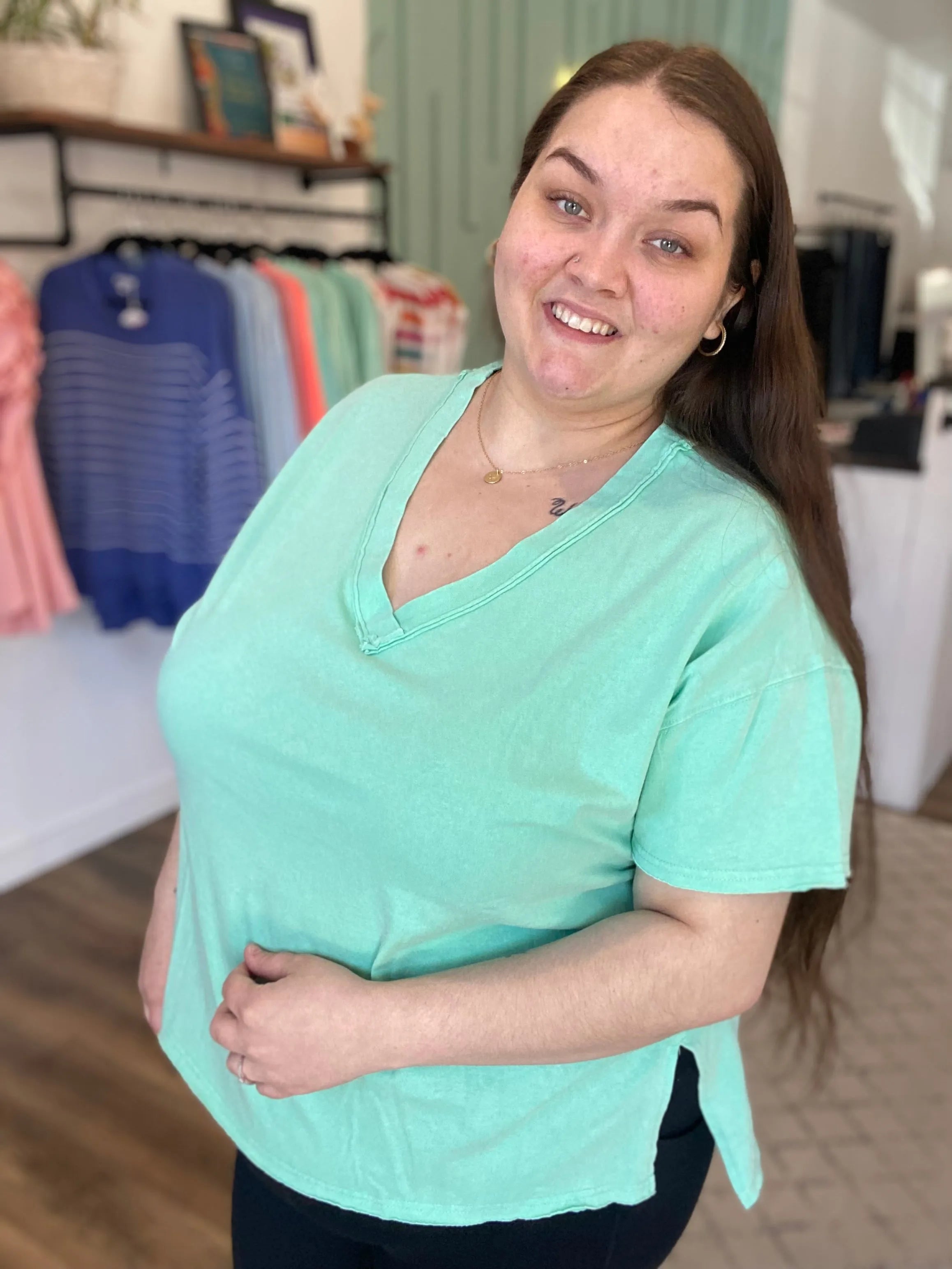 Shop Mineral Wash V-neck Tee - Mint- at Ruby Joy Boutique, a Women's Clothing Store in Pickerington, Ohio