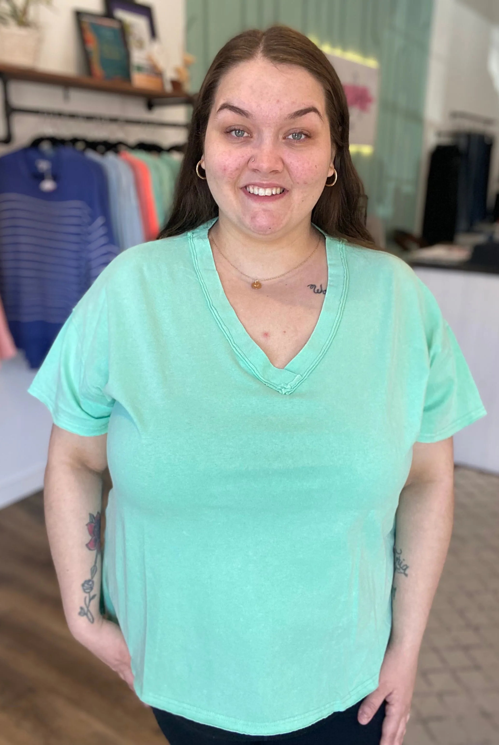 Shop Mineral Wash V-neck Tee - Mint- at Ruby Joy Boutique, a Women's Clothing Store in Pickerington, Ohio