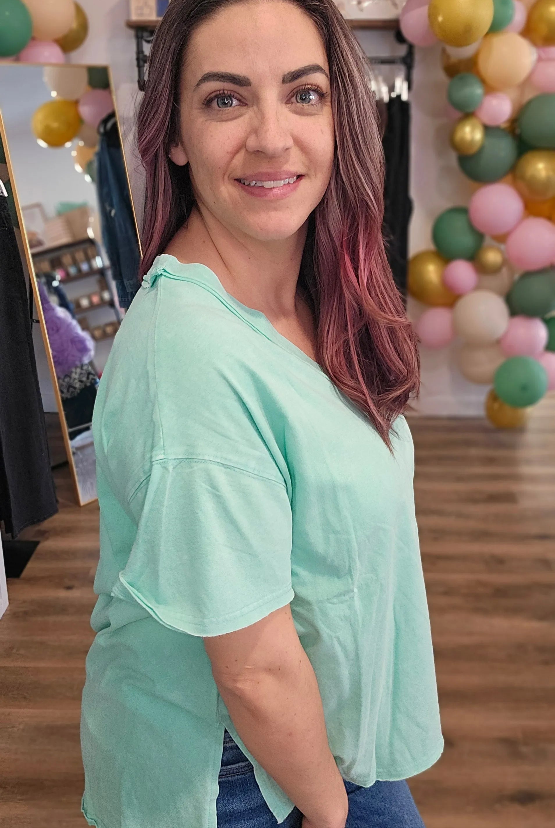 Shop Mineral Wash V-neck Tee - Mint- at Ruby Joy Boutique, a Women's Clothing Store in Pickerington, Ohio