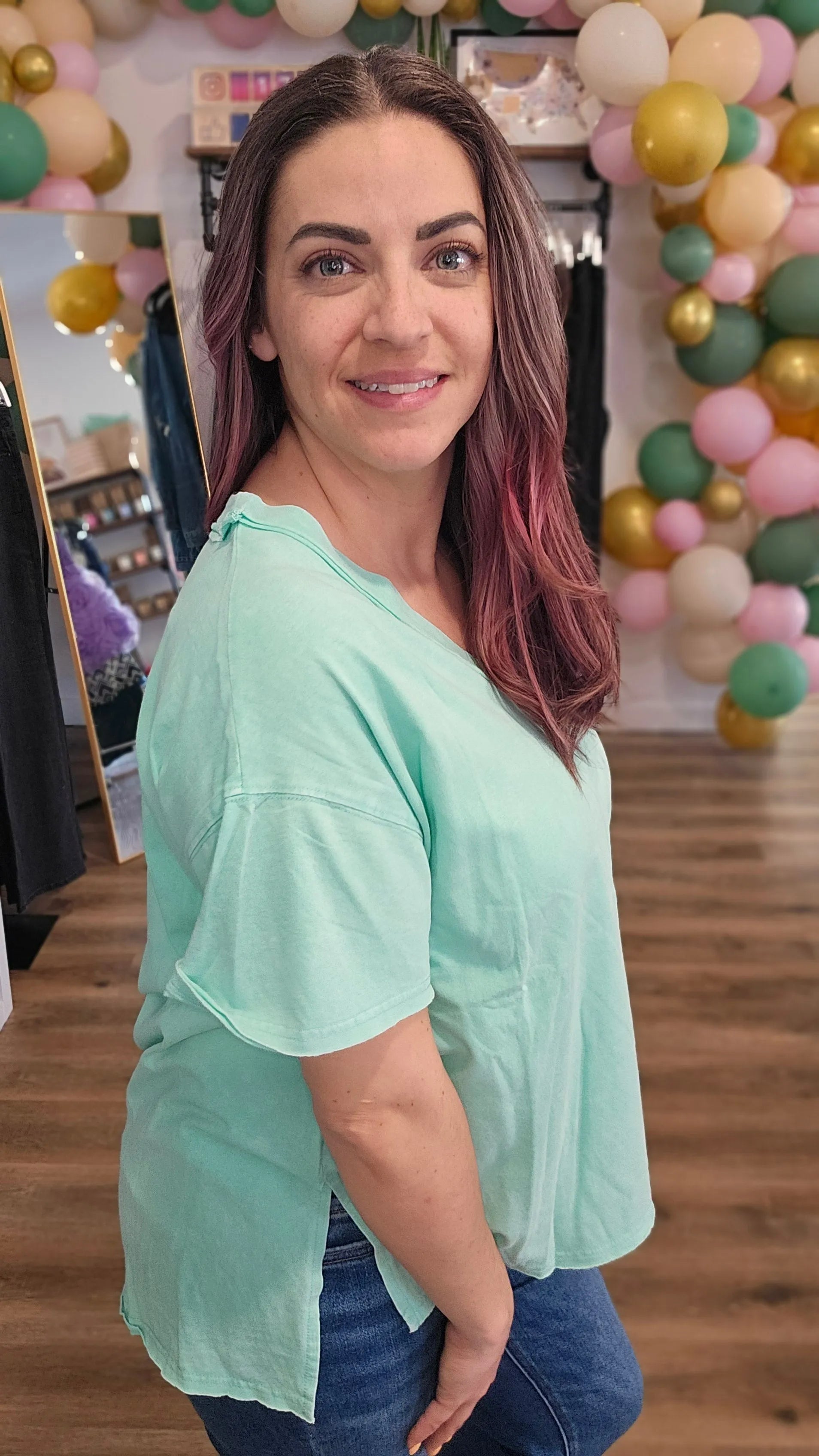 Shop Mineral Wash V-neck Tee - Mint- at Ruby Joy Boutique, a Women's Clothing Store in Pickerington, Ohio