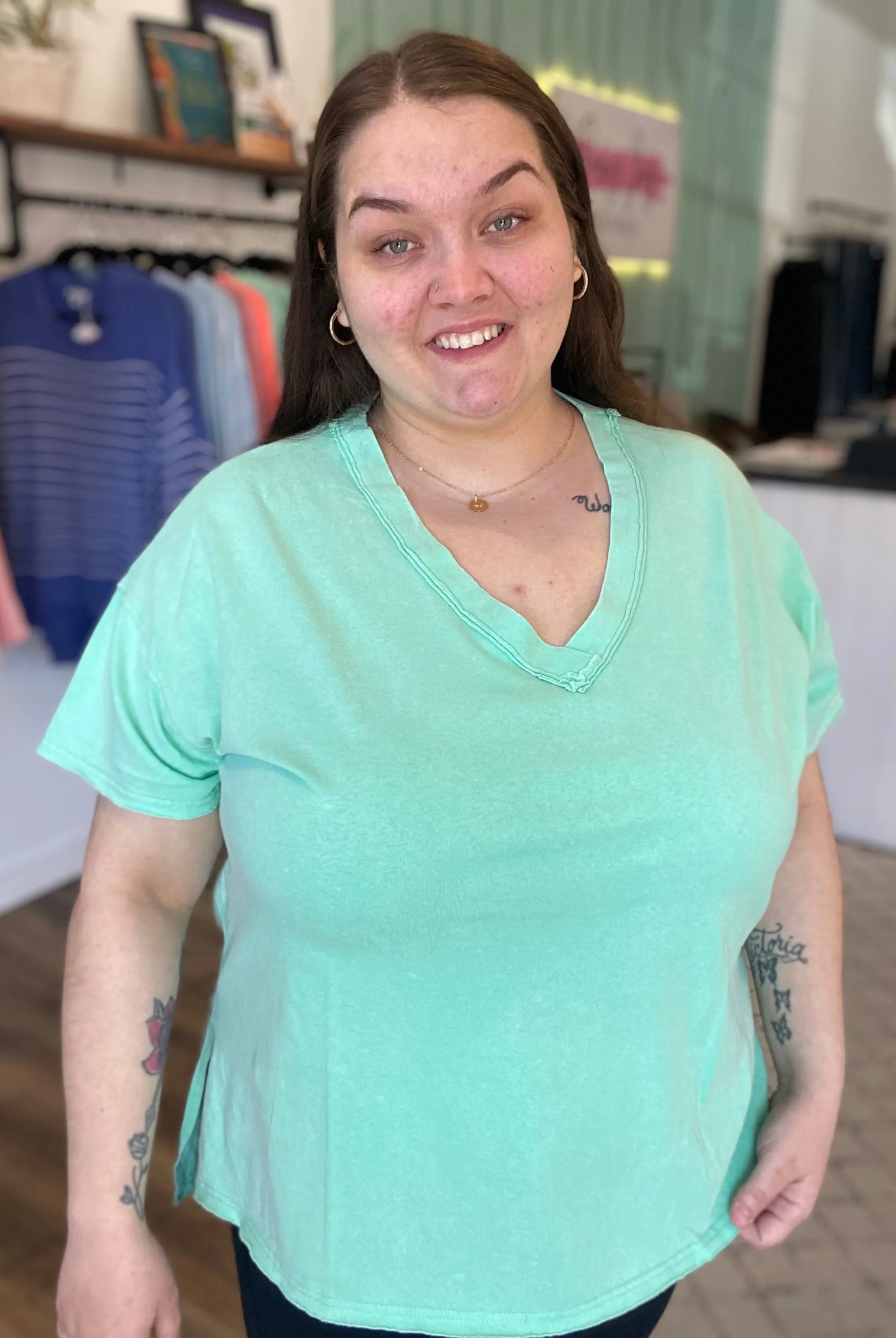 Shop Mineral Wash V-neck Tee - Mint-XL at Ruby Joy Boutique, a Women's Clothing Store in Pickerington, Ohio