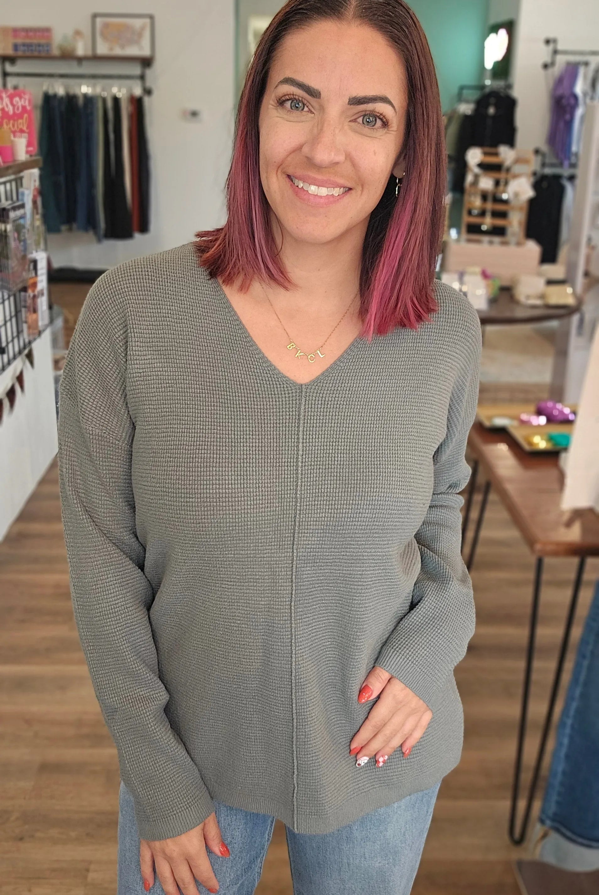 Shop Mini Waffle Knit Sweater - Dusty Jade- at Ruby Joy Boutique, a Women's Clothing Store in Pickerington, Ohio