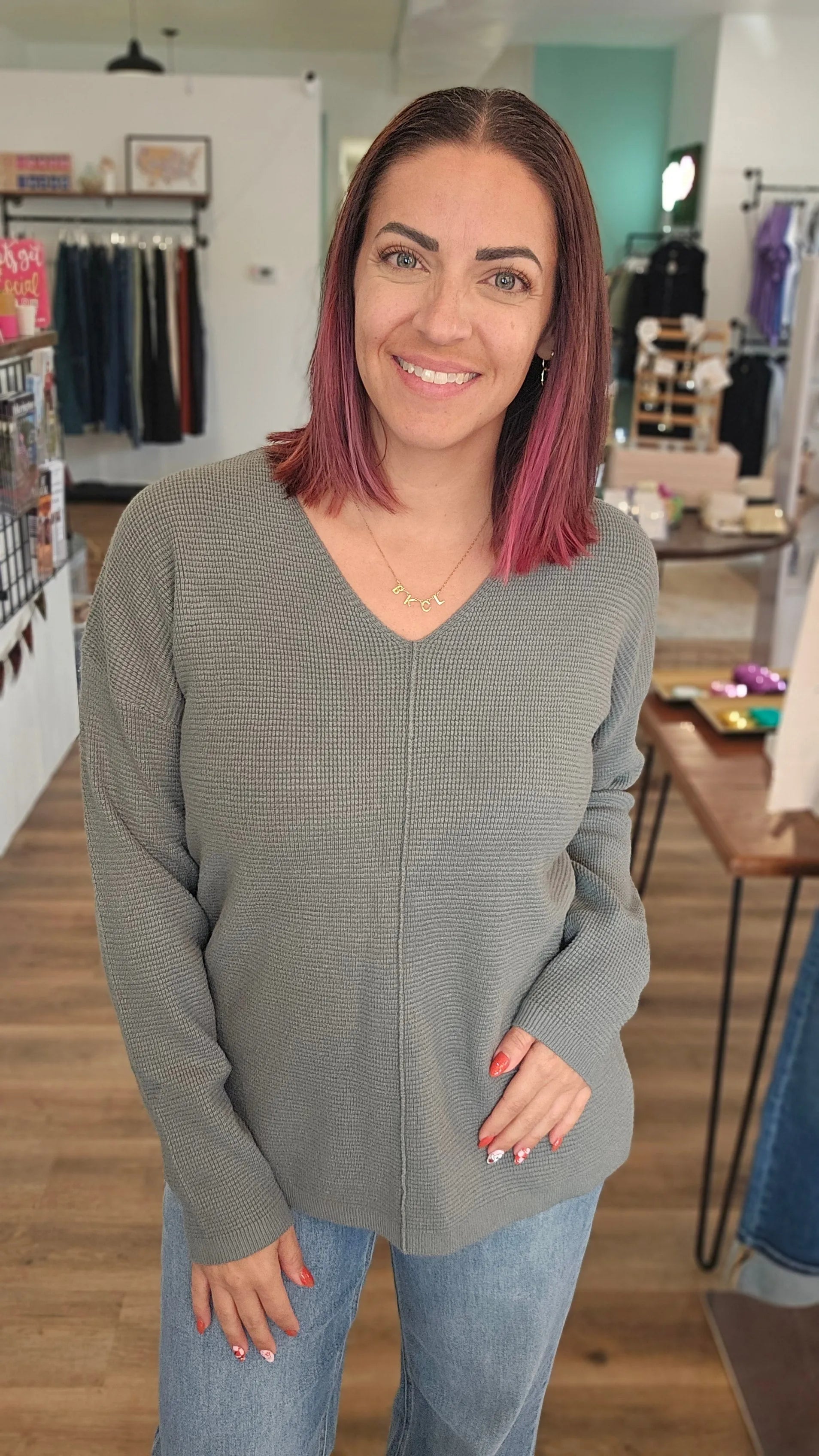 Shop Mini Waffle Knit Sweater - Dusty Jade- at Ruby Joy Boutique, a Women's Clothing Store in Pickerington, Ohio