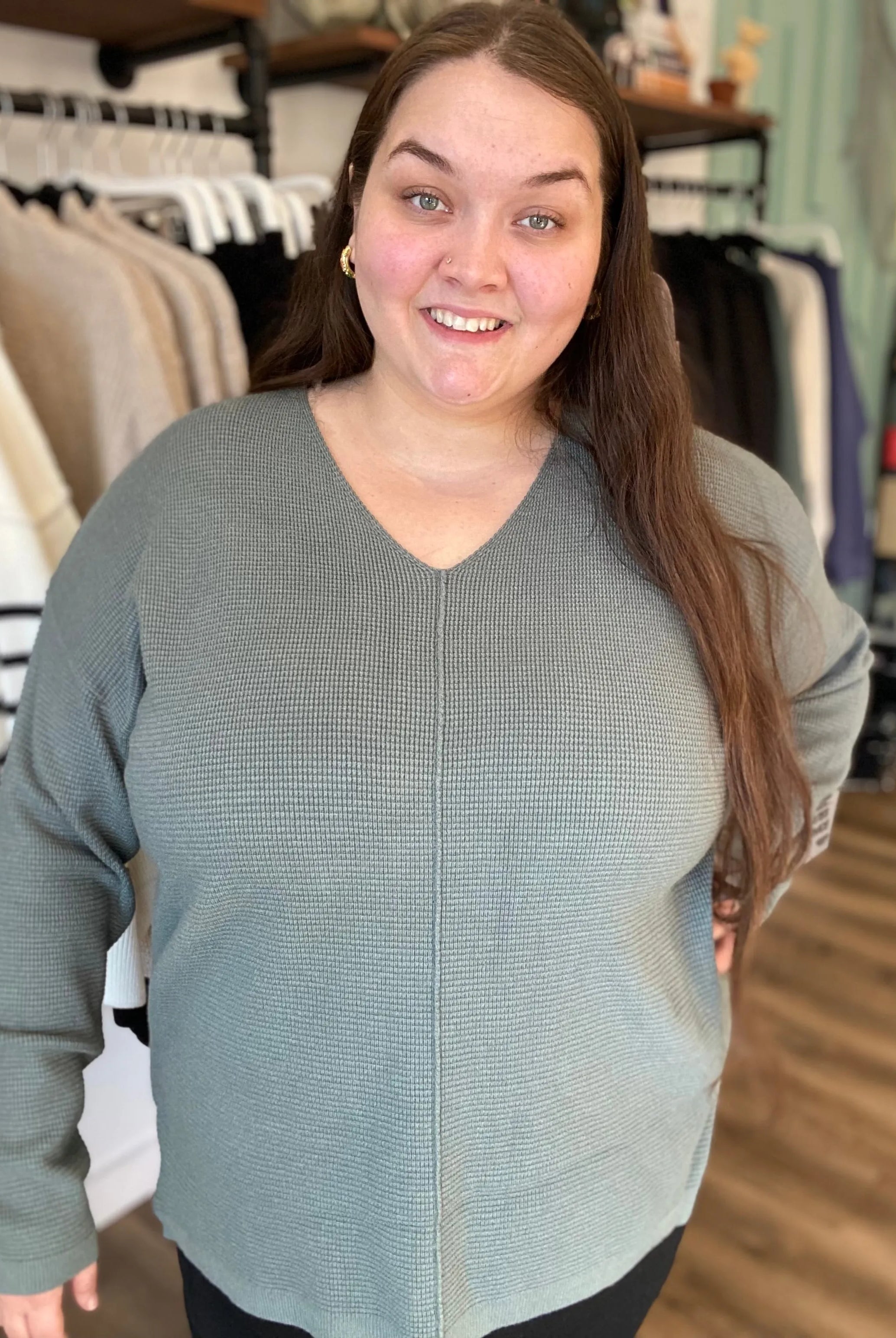 Shop Mini Waffle Knit Sweater - Dusty Jade- at Ruby Joy Boutique, a Women's Clothing Store in Pickerington, Ohio