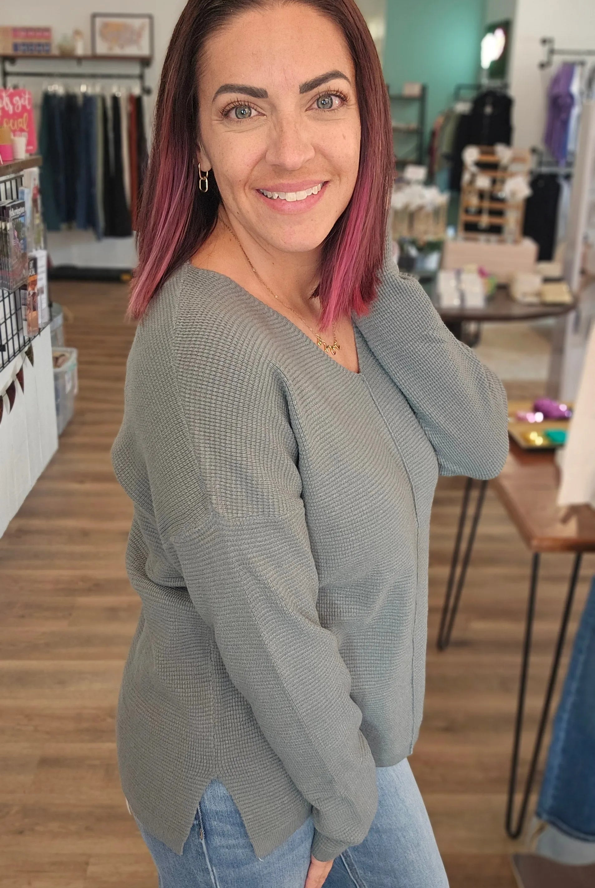 Shop Mini Waffle Knit Sweater - Dusty Jade- at Ruby Joy Boutique, a Women's Clothing Store in Pickerington, Ohio