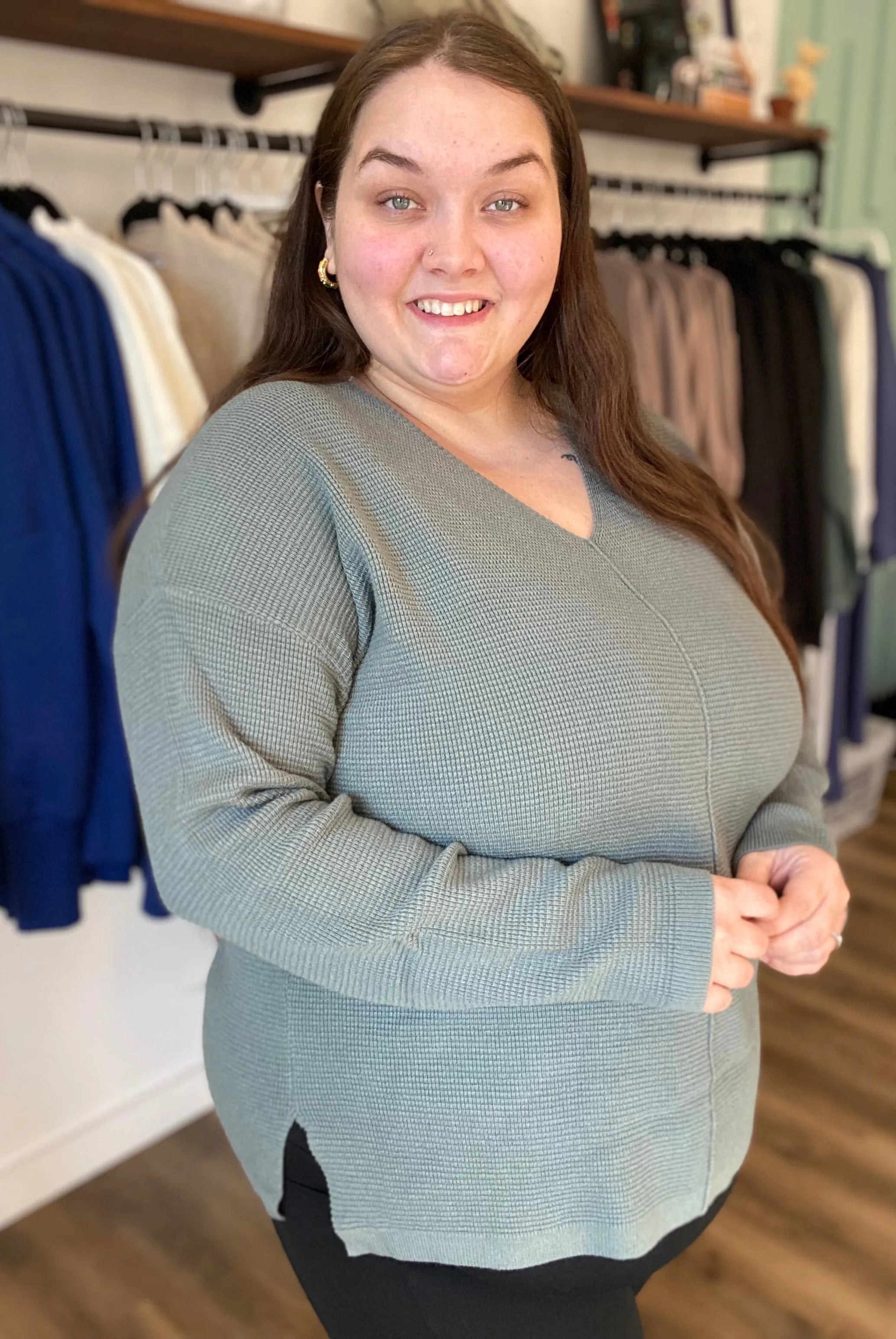 Shop Mini Waffle Knit Sweater - Dusty Jade- at Ruby Joy Boutique, a Women's Clothing Store in Pickerington, Ohio