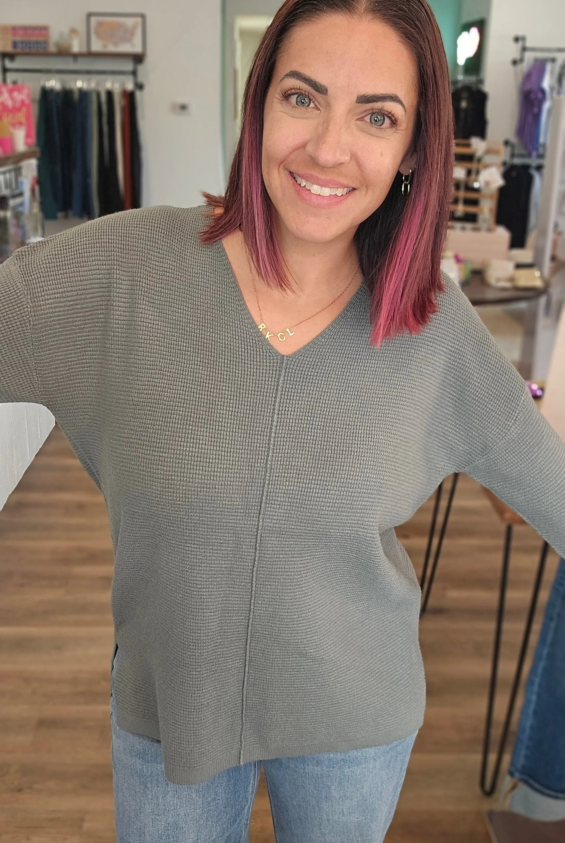 Shop Mini Waffle Knit Sweater - Dusty Jade- at Ruby Joy Boutique, a Women's Clothing Store in Pickerington, Ohio