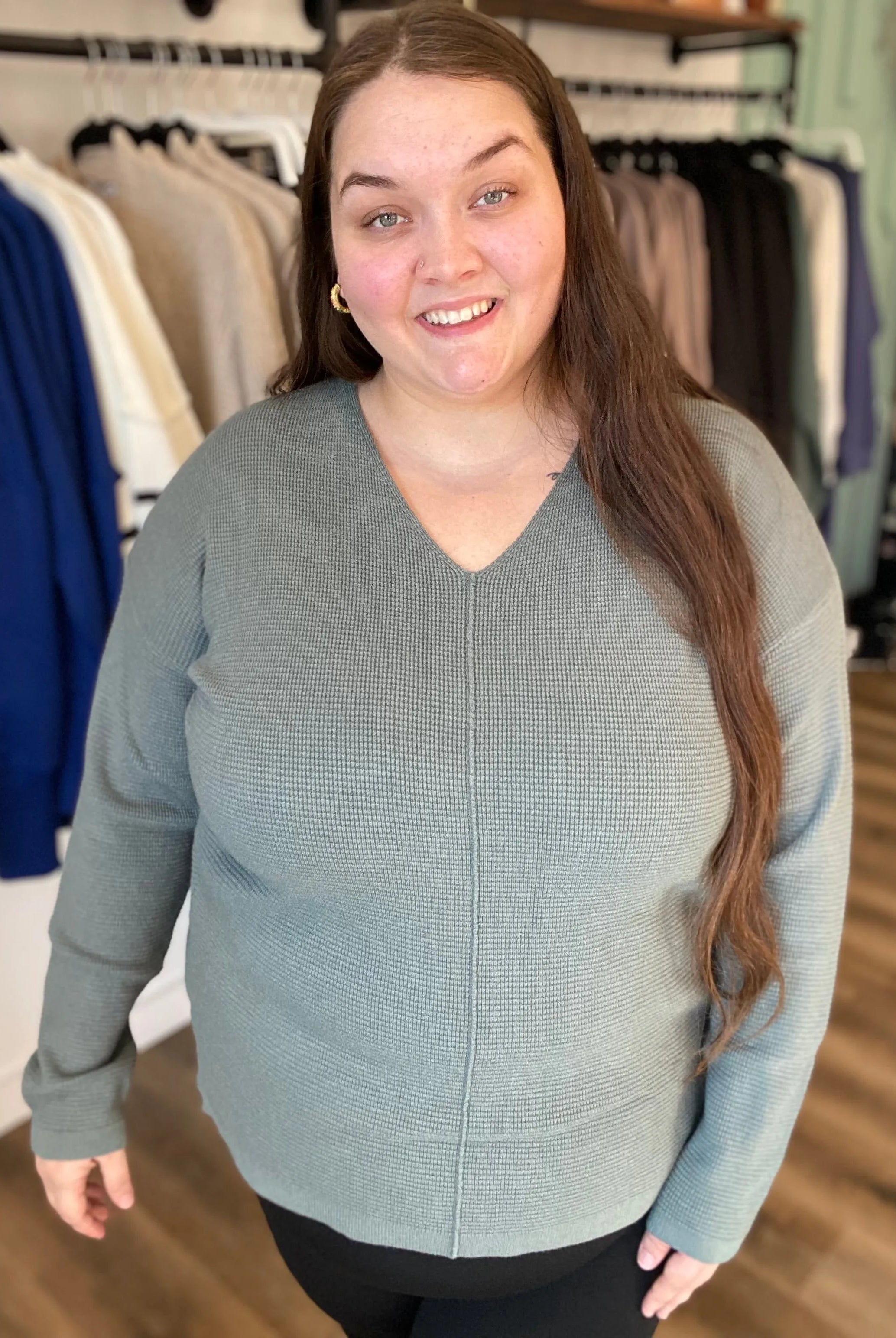 Shop Mini Waffle Knit Sweater - Dusty Jade- at Ruby Joy Boutique, a Women's Clothing Store in Pickerington, Ohio