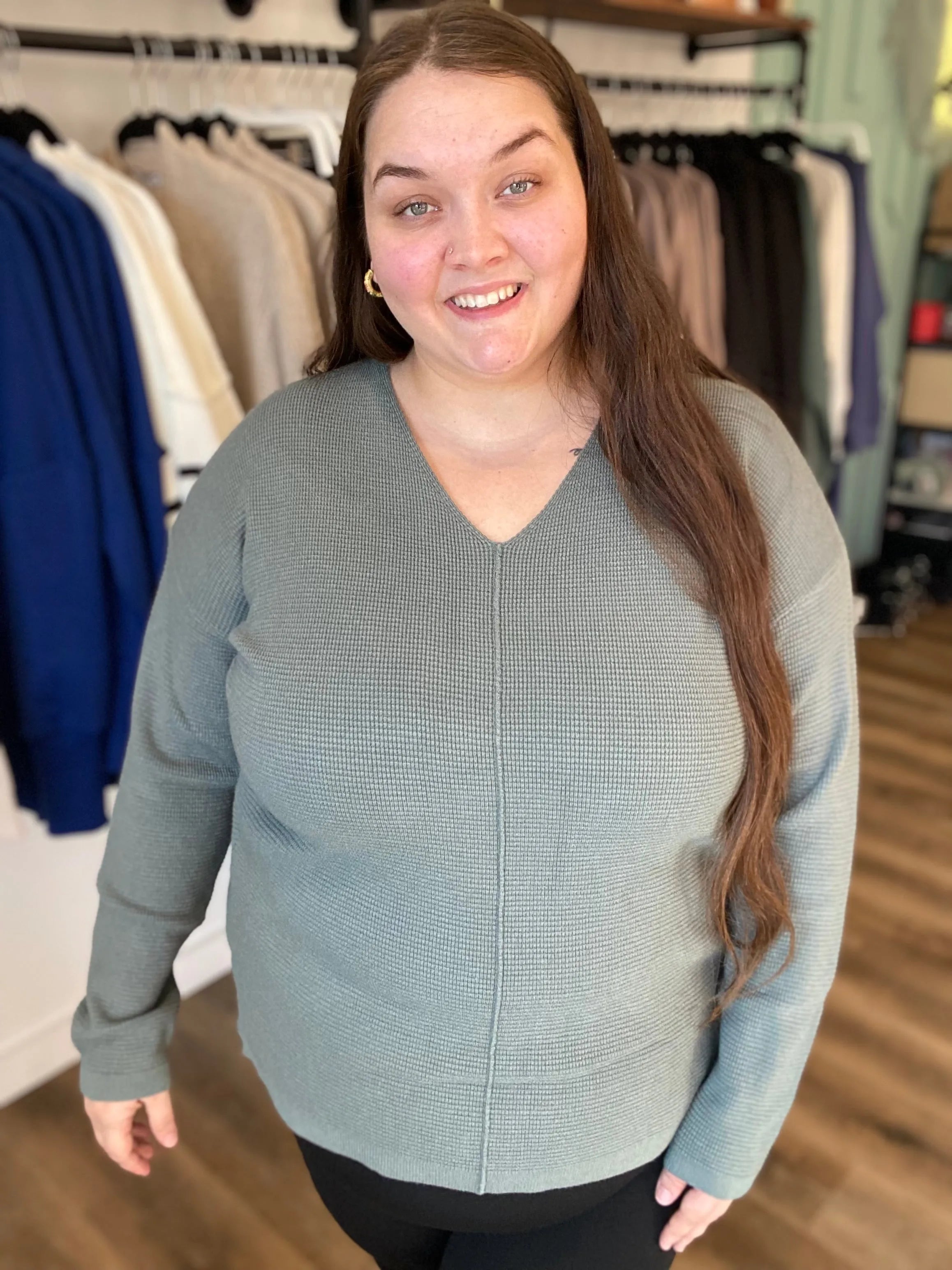 Shop Mini Waffle Knit Sweater - Dusty Jade- at Ruby Joy Boutique, a Women's Clothing Store in Pickerington, Ohio