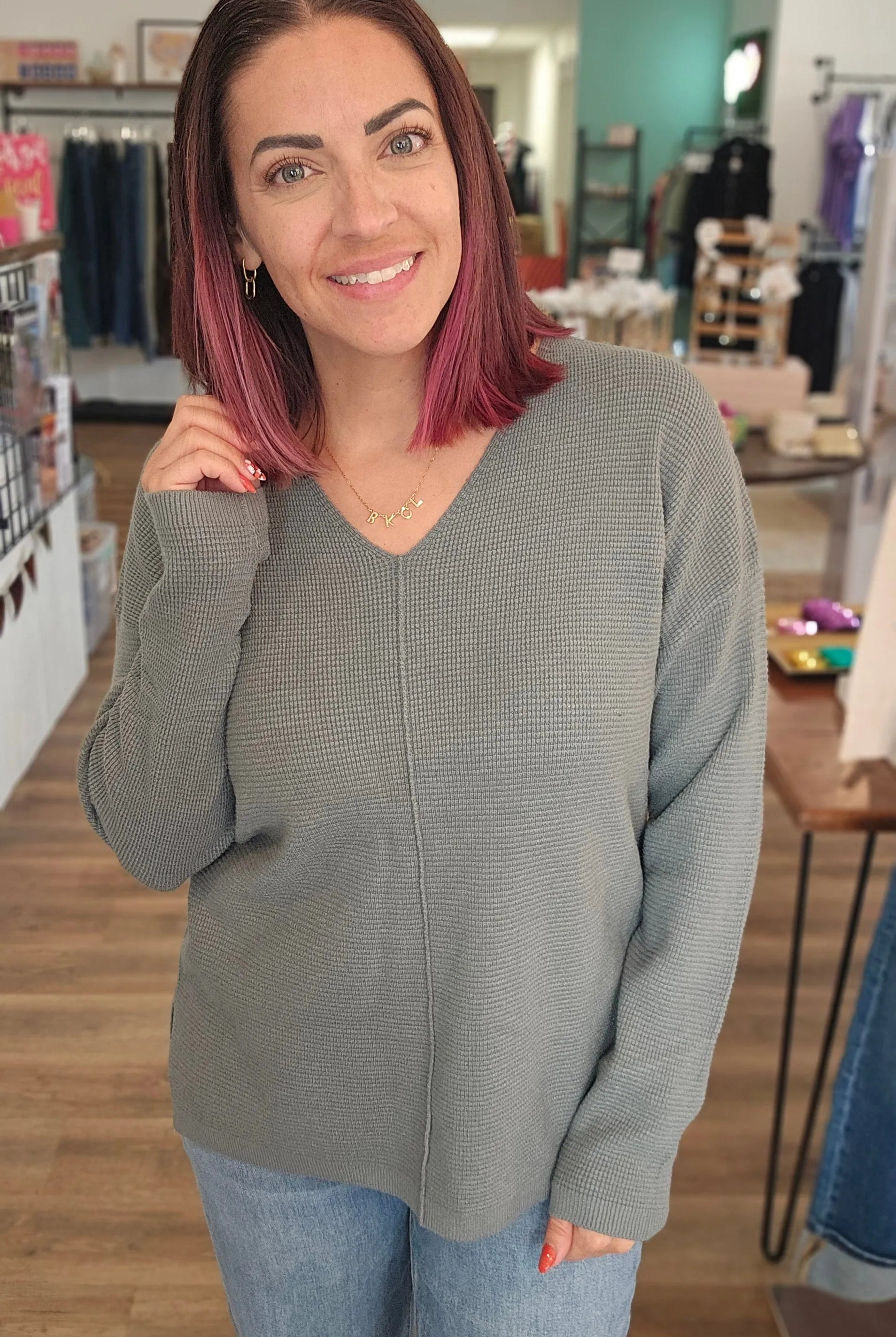 Shop Mini Waffle Knit Sweater - Dusty Jade- at Ruby Joy Boutique, a Women's Clothing Store in Pickerington, Ohio