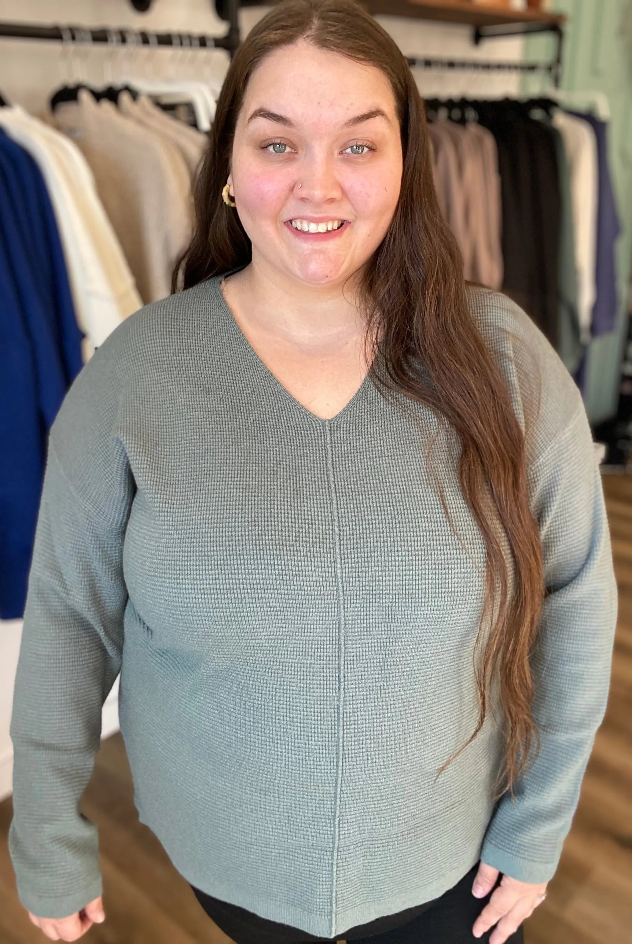 Shop Mini Waffle Knit Sweater - Dusty Jade- at Ruby Joy Boutique, a Women's Clothing Store in Pickerington, Ohio