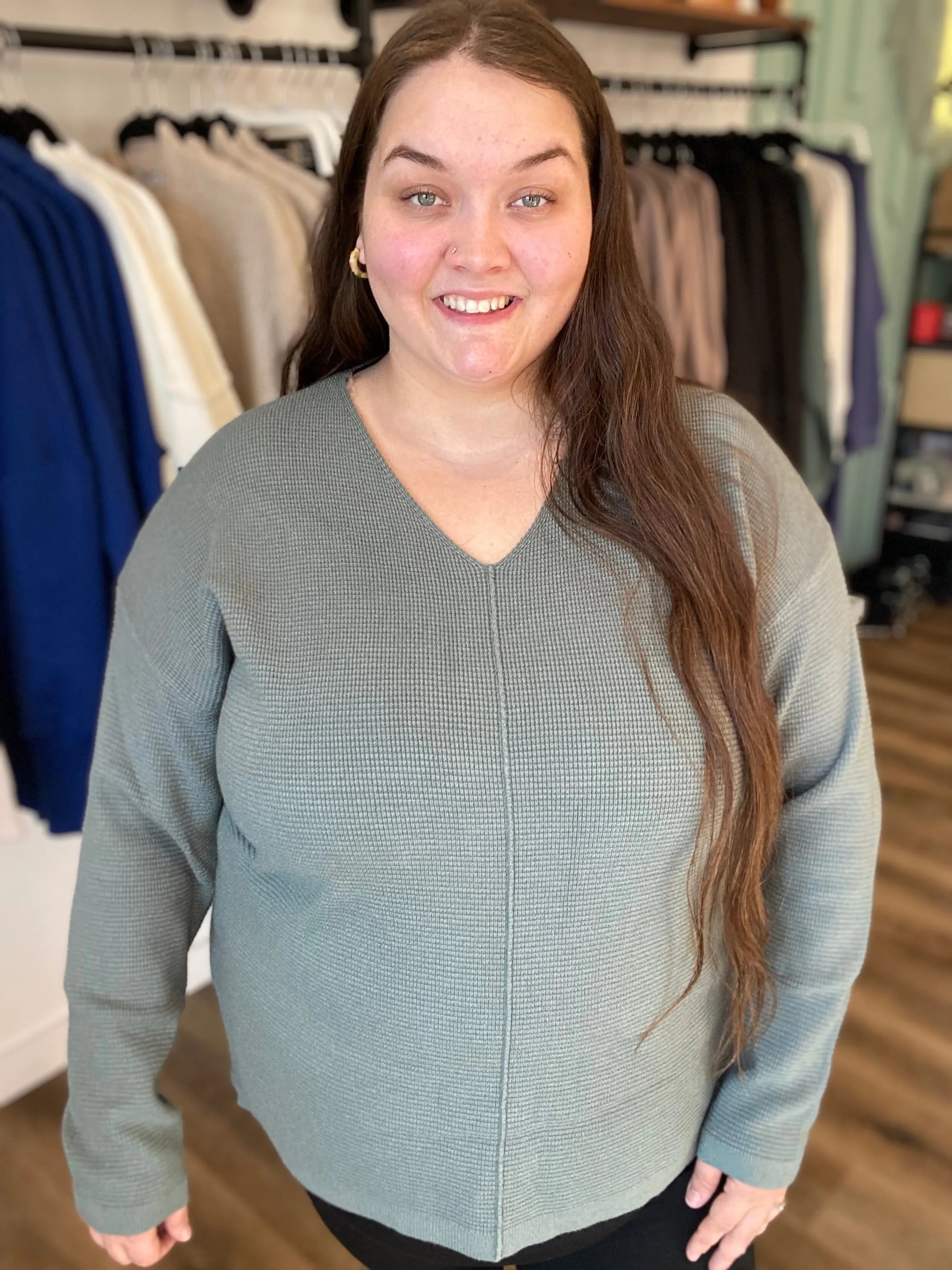 Shop Mini Waffle Knit Sweater - Dusty Jade- at Ruby Joy Boutique, a Women's Clothing Store in Pickerington, Ohio