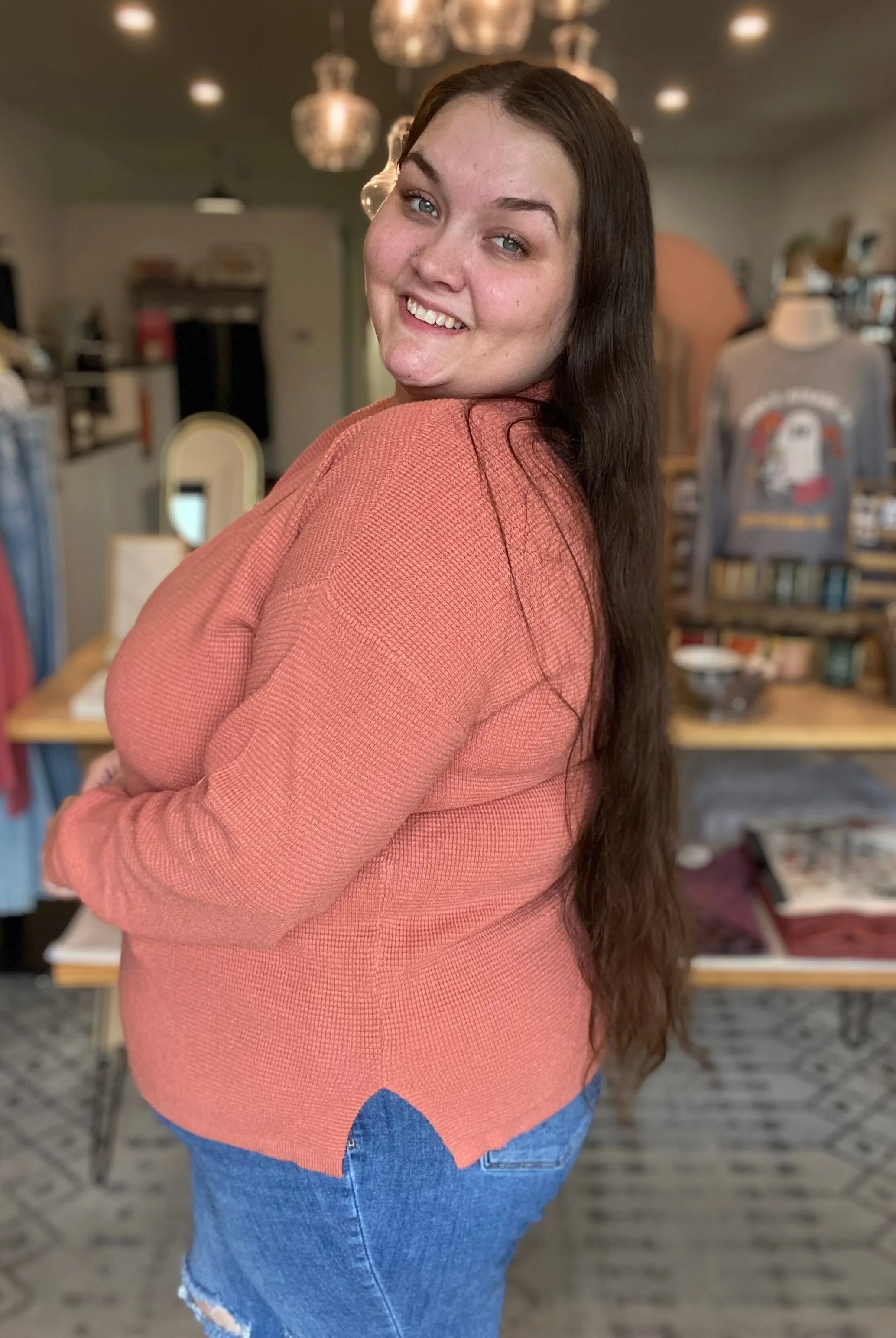 Shop Mini Waffle Knit Sweater - Terracotta- at Ruby Joy Boutique, a Women's Clothing Store in Pickerington, Ohio