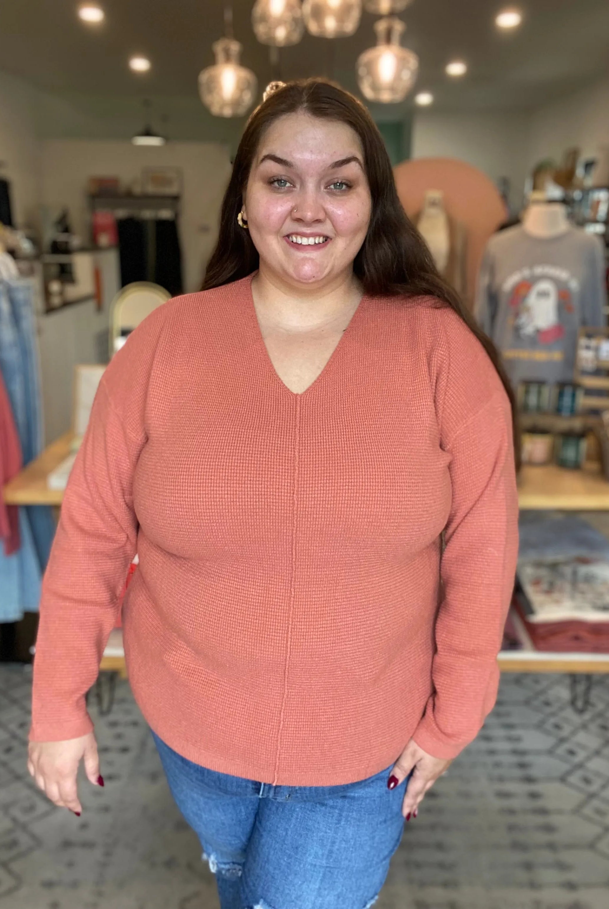 Shop Mini Waffle Knit Sweater - Terracotta- at Ruby Joy Boutique, a Women's Clothing Store in Pickerington, Ohio