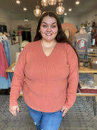 Shop Mini Waffle Knit Sweater - Terracotta- at Ruby Joy Boutique, a Women's Clothing Store in Pickerington, Ohio