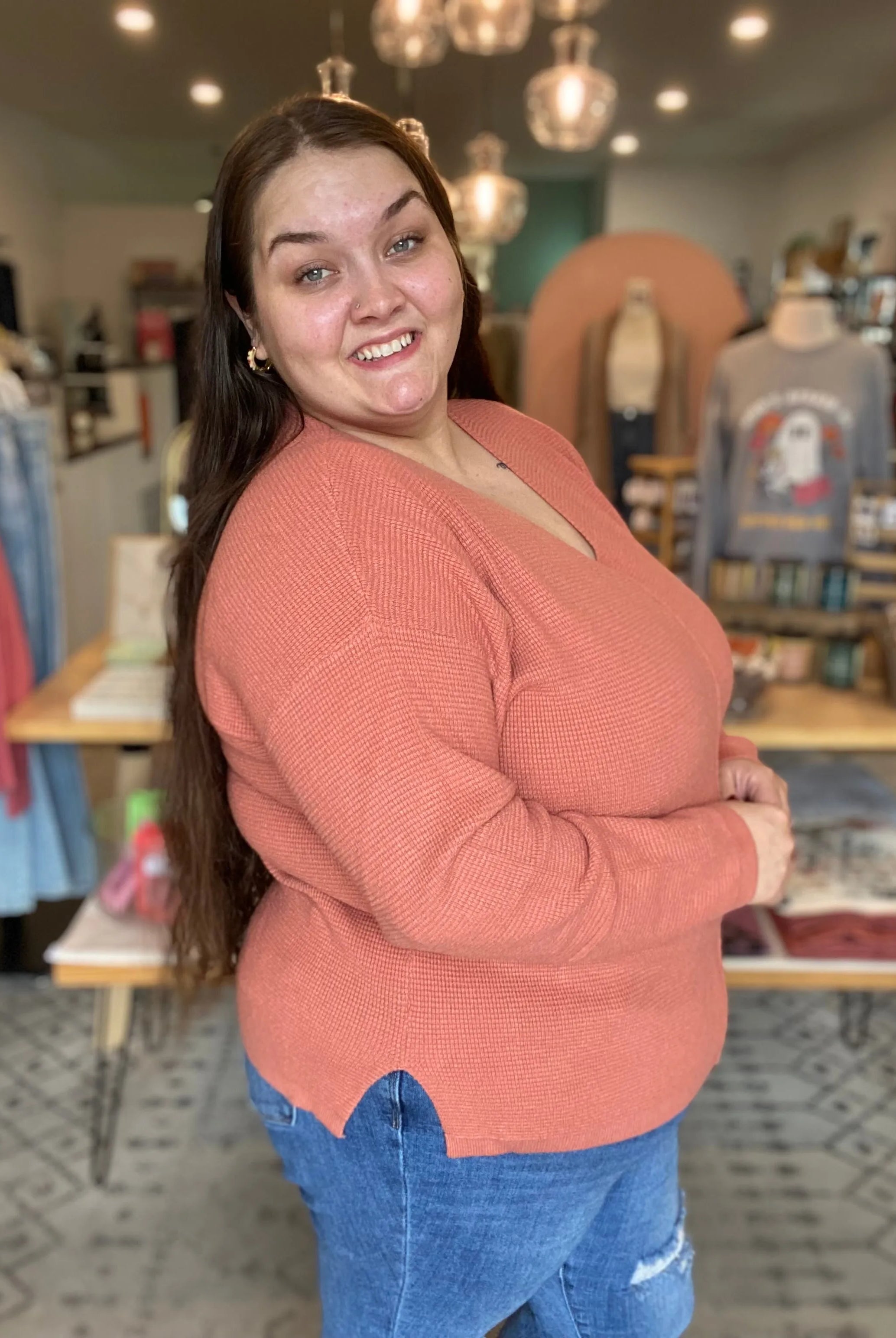 Shop Mini Waffle Knit Sweater - Terracotta- at Ruby Joy Boutique, a Women's Clothing Store in Pickerington, Ohio