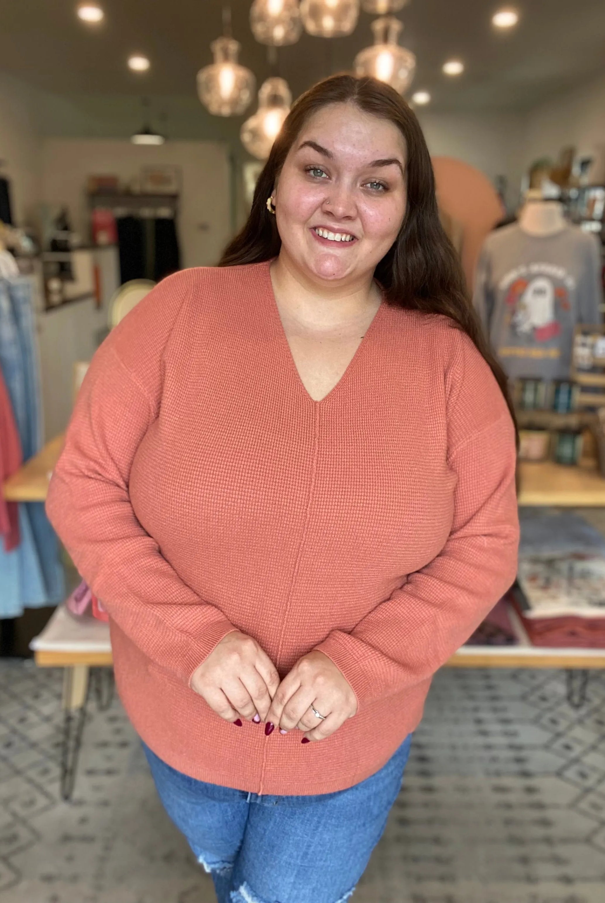 Shop Mini Waffle Knit Sweater - Terracotta-XL at Ruby Joy Boutique, a Women's Clothing Store in Pickerington, Ohio