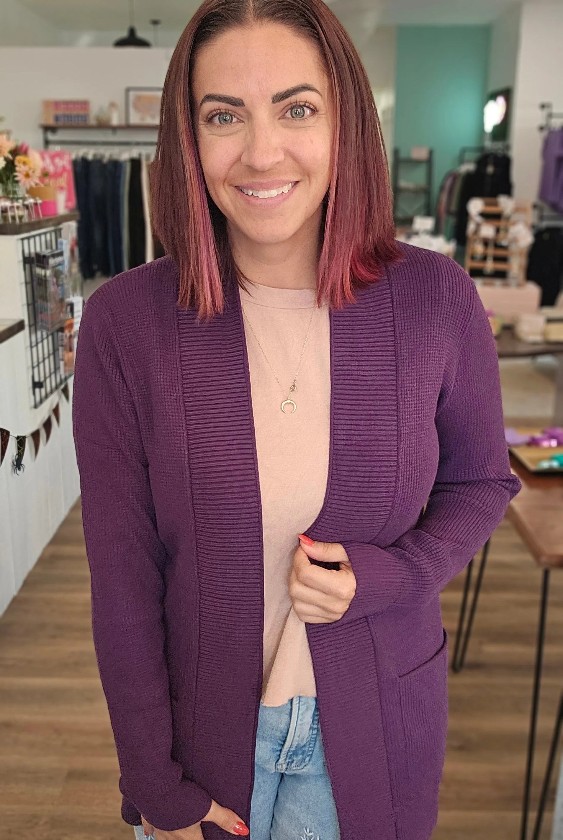 Shop Mini Waffle Open Cardigan - Eggplant- at Ruby Joy Boutique, a Women's Clothing Store in Pickerington, Ohio