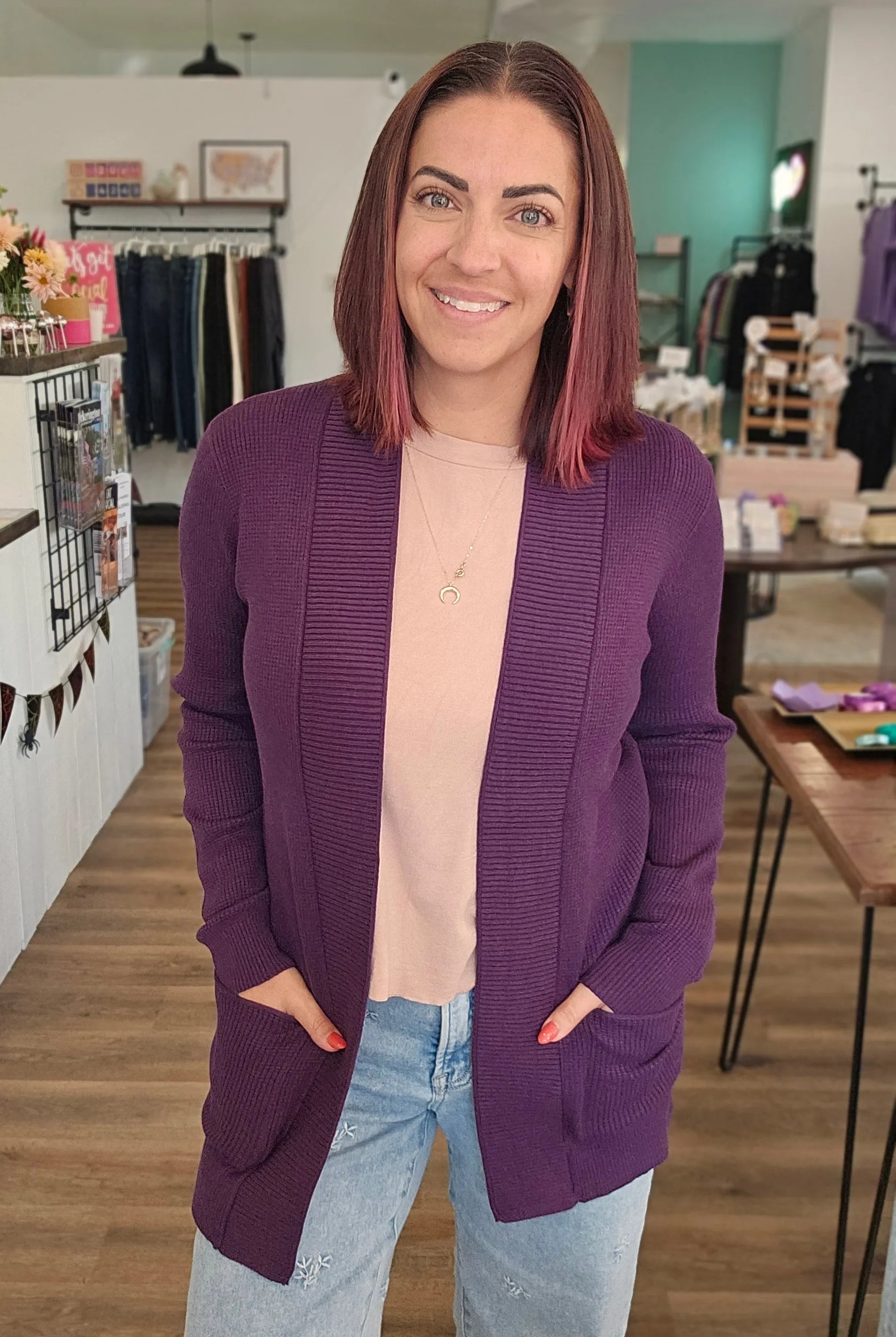 Shop Mini Waffle Open Cardigan - Eggplant- at Ruby Joy Boutique, a Women's Clothing Store in Pickerington, Ohio