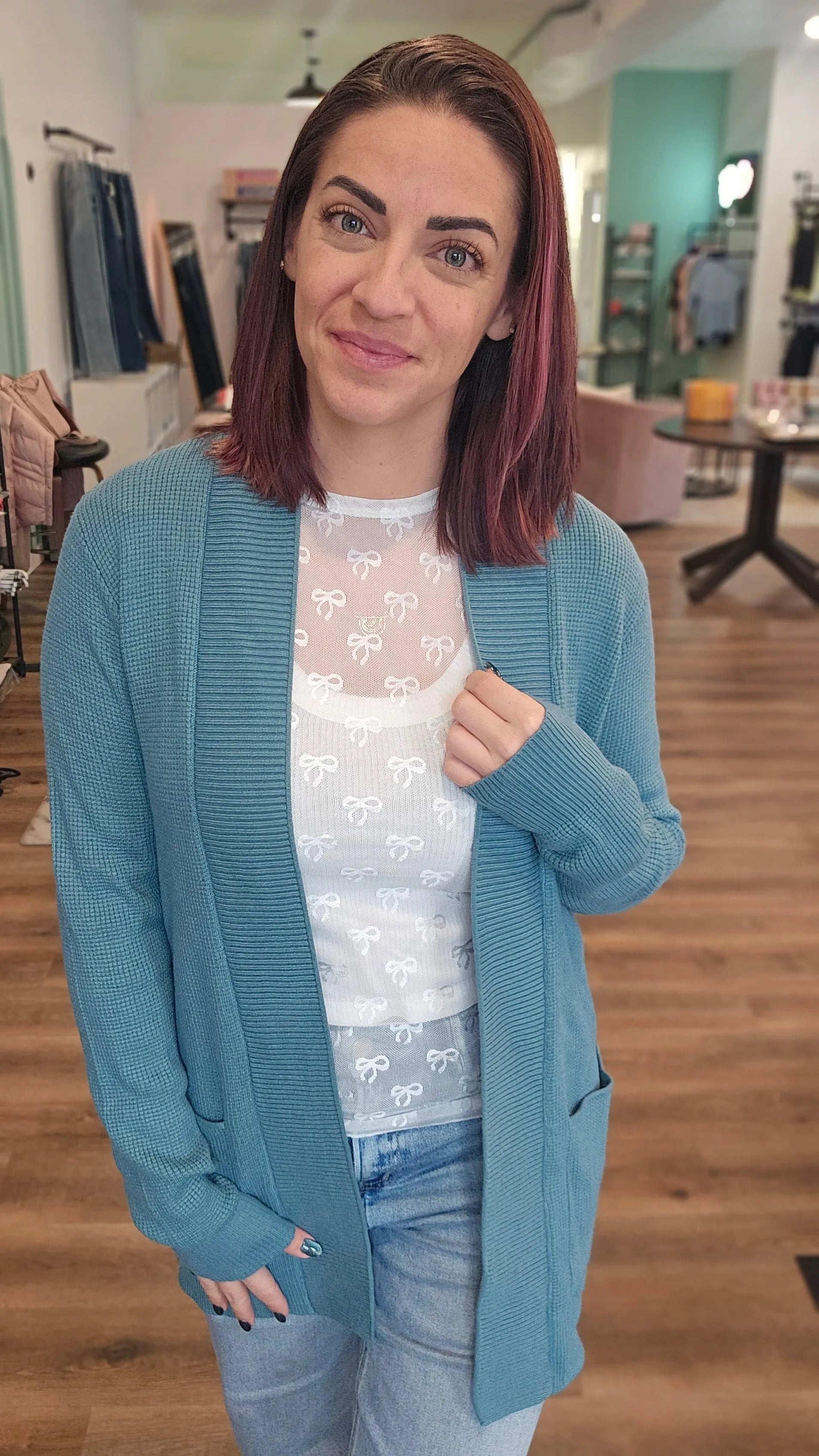 Shop Mini Waffle Open Cardigan - Jade- at Ruby Joy Boutique, a Women's Clothing Store in Pickerington, Ohio