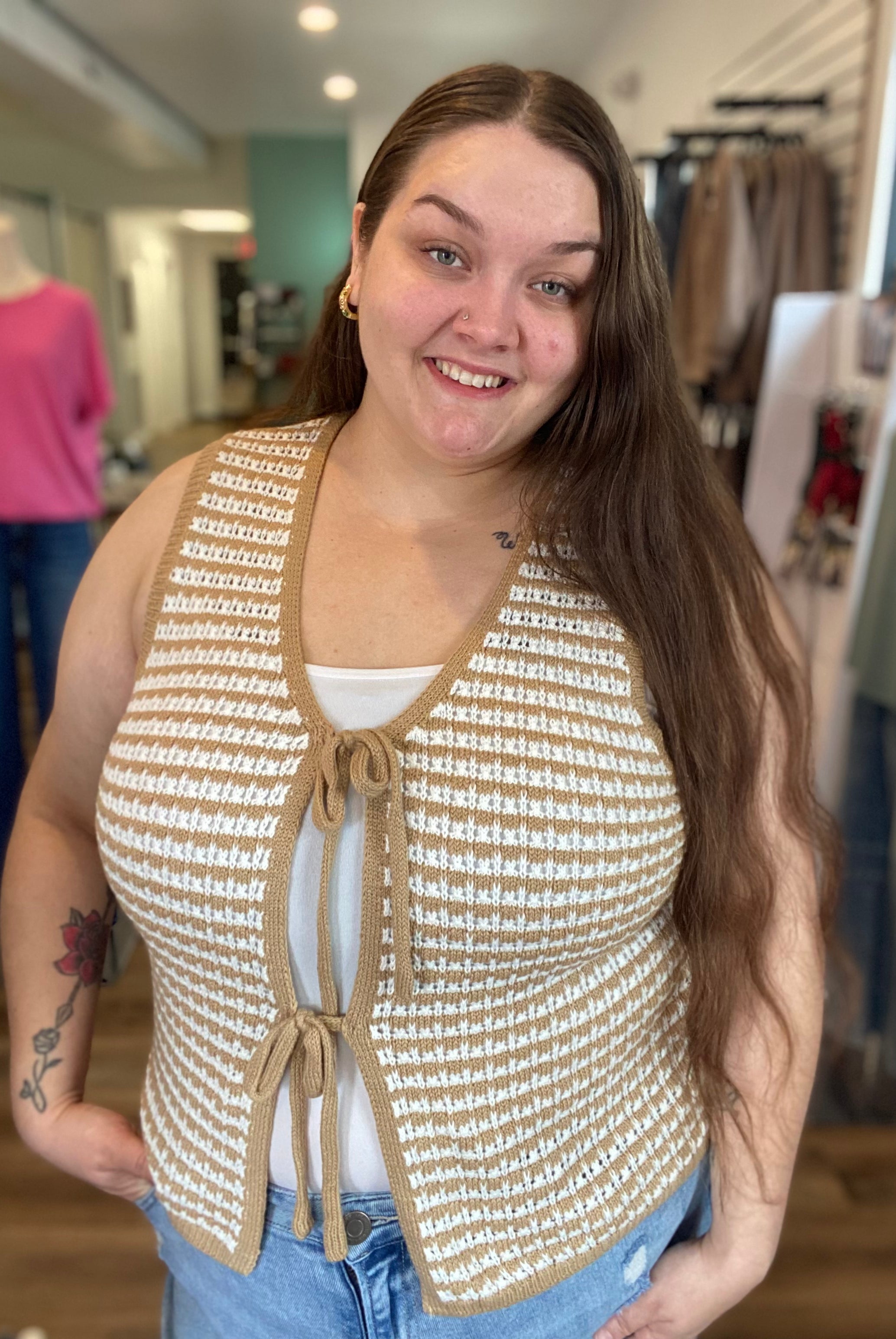 Shop Mocha Striped Double Tie Knit Vest- at Ruby Joy Boutique, a Women's Clothing Store in Pickerington, Ohio