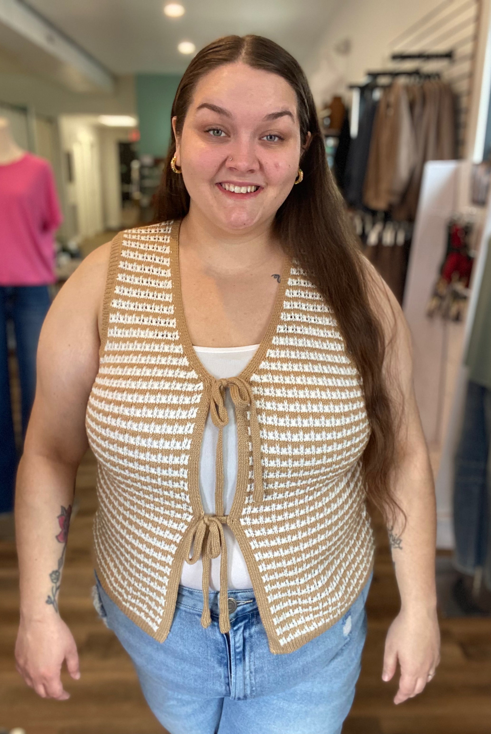 Shop Mocha Striped Double Tie Knit Vest- at Ruby Joy Boutique, a Women's Clothing Store in Pickerington, Ohio