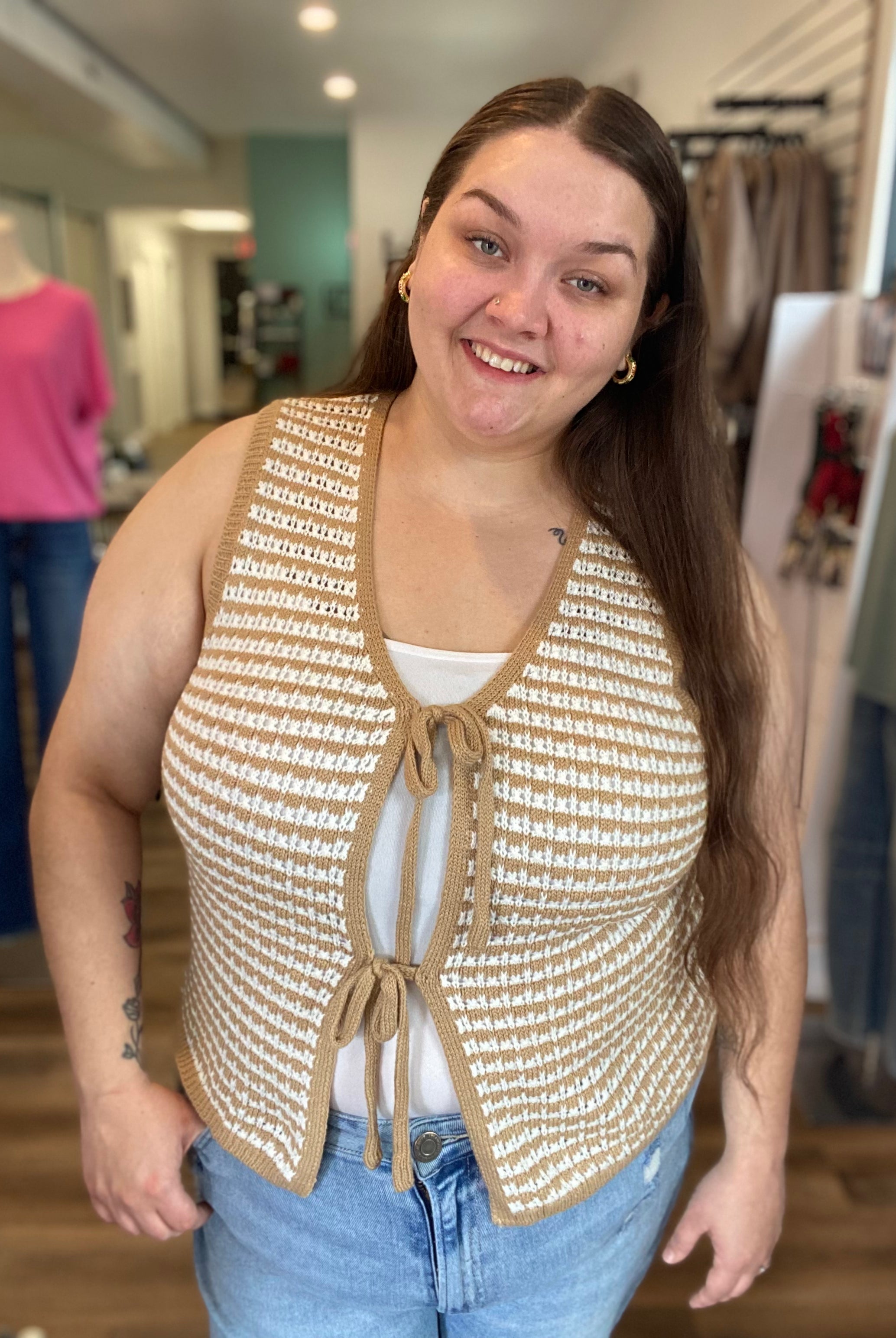 Shop Mocha Striped Double Tie Knit Vest- at Ruby Joy Boutique, a Women's Clothing Store in Pickerington, Ohio
