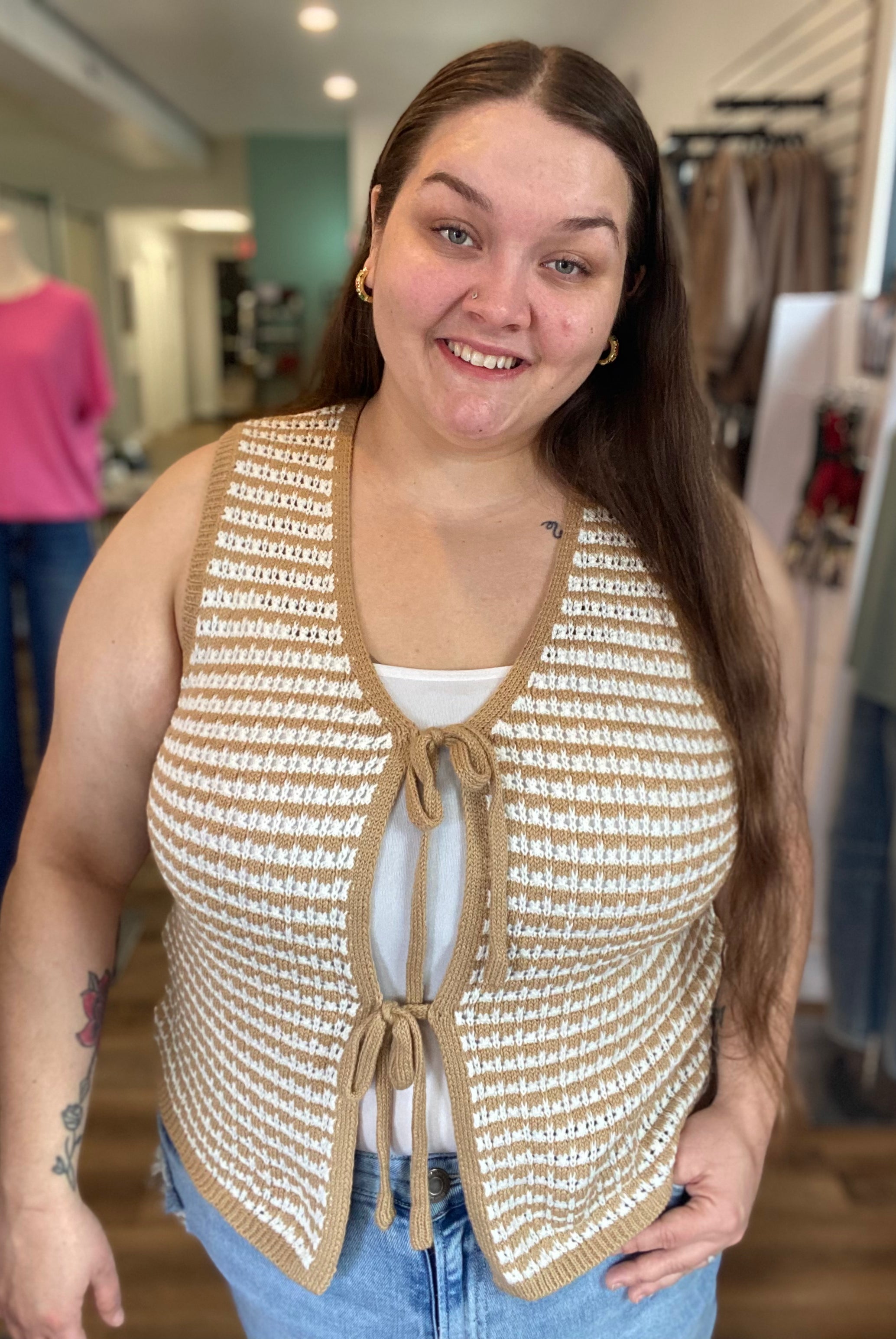 Shop Mocha Striped Double Tie Knit Vest- at Ruby Joy Boutique, a Women's Clothing Store in Pickerington, Ohio