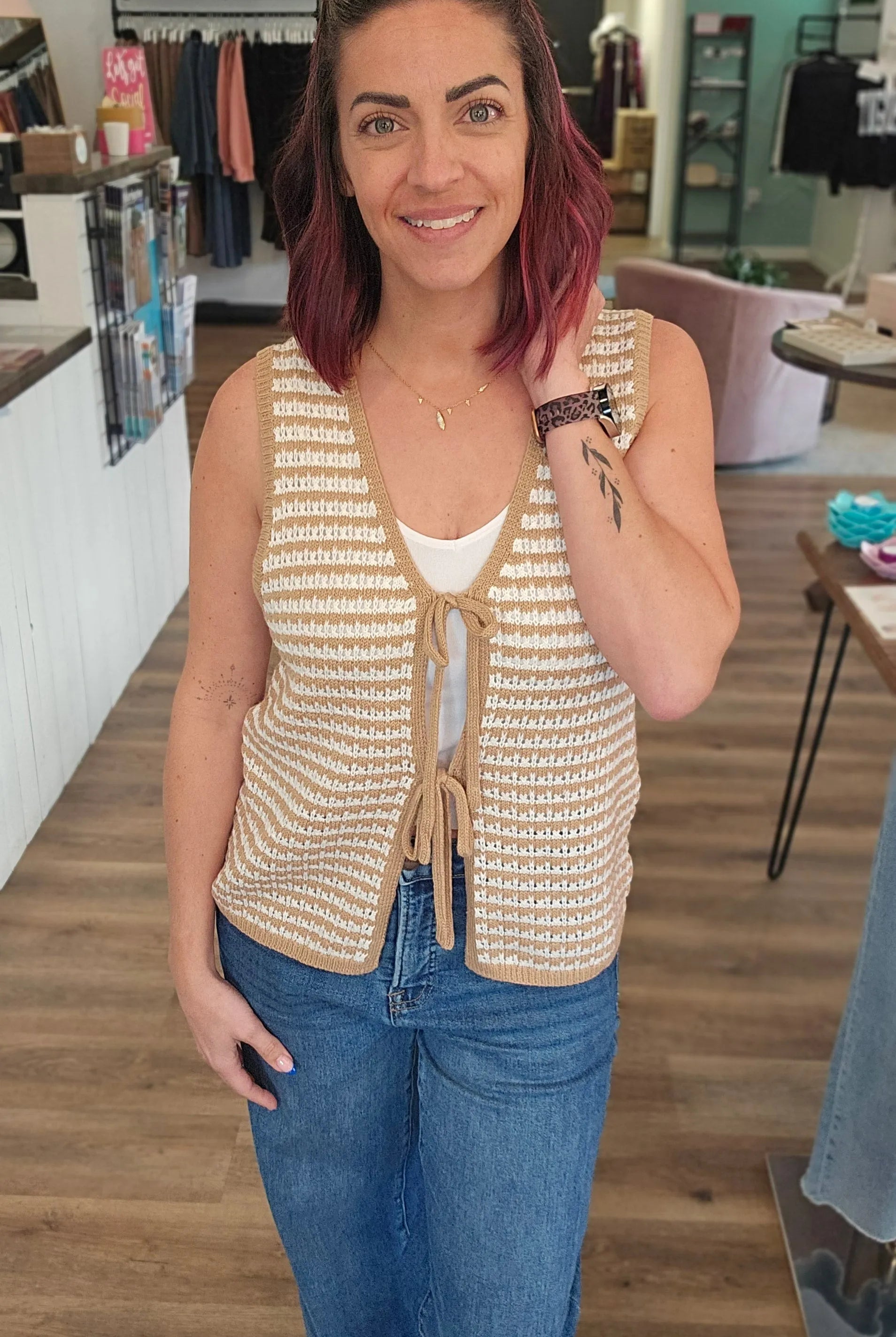 Shop Mocha Striped Double Tie Knit Vest- at Ruby Joy Boutique, a Women's Clothing Store in Pickerington, Ohio